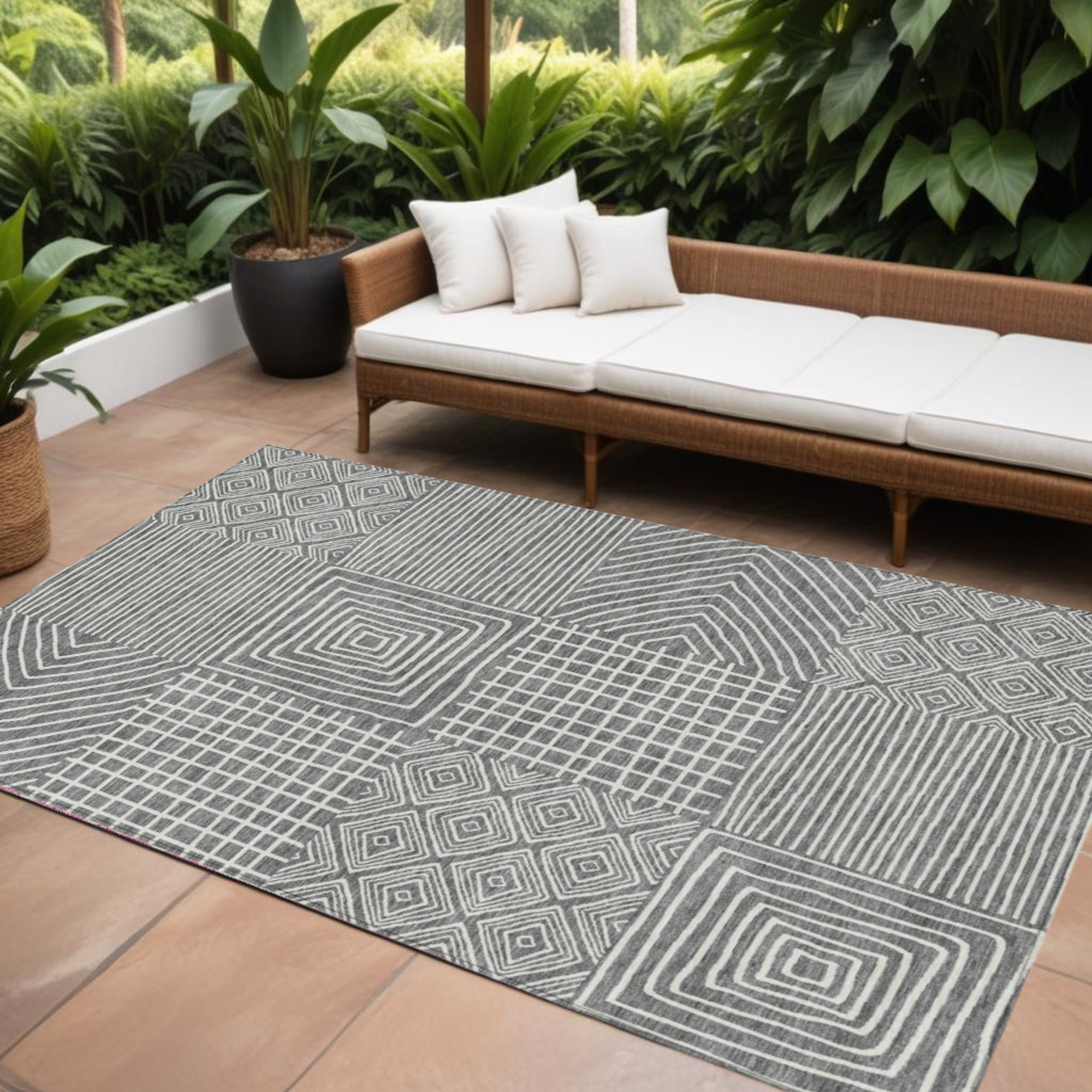 10' X 14' Charcoal And Ivory Geometric Washable Indoor Outdoor Area Rug - 1 - Sports & Outdoor