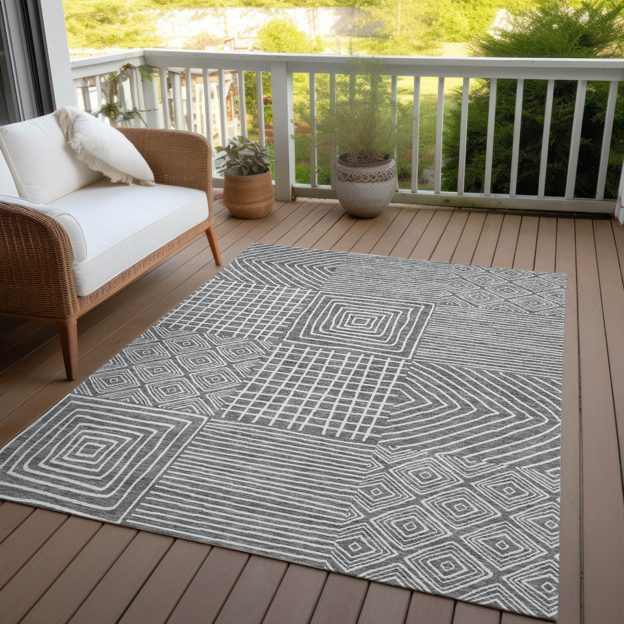 10' X 14' Charcoal And Ivory Geometric Washable Indoor Outdoor Area Rug - 1 - Sports & Outdoor