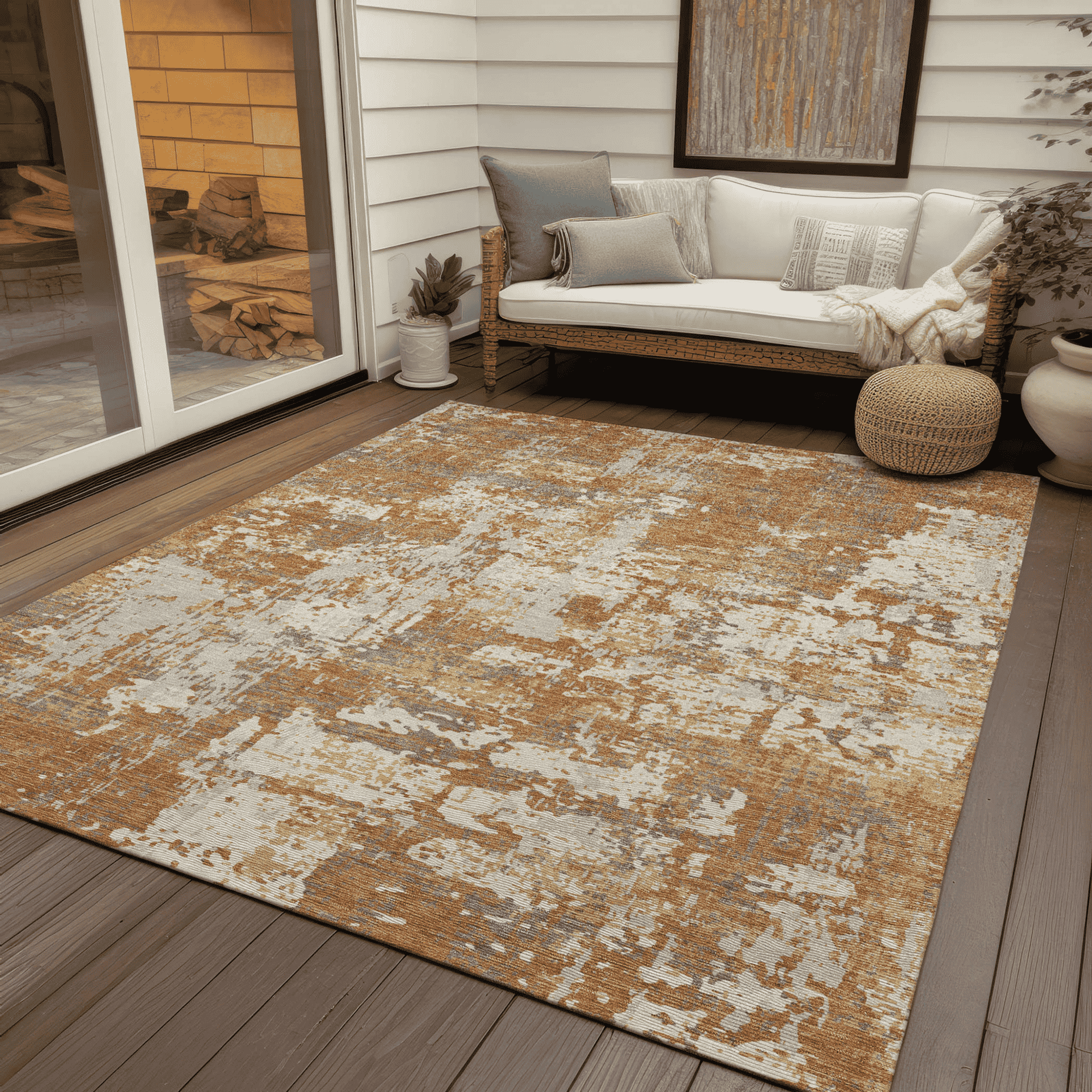 10' X 14' Copper Gold And Ivory Abstract Washable Indoor Outdoor Area Rug - 1 - Sports & Outdoor