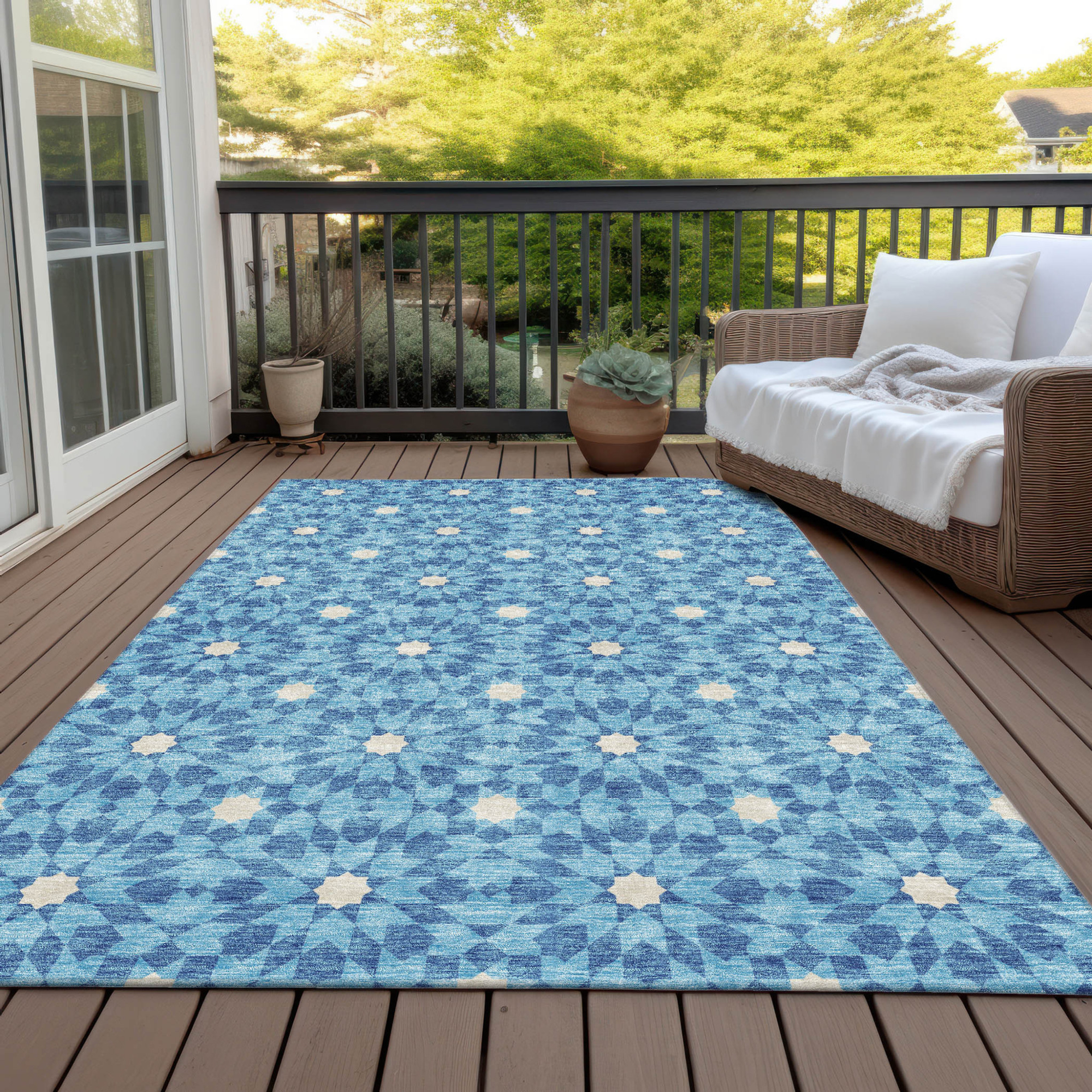 10' X 14' Denim Blue And Ivory Floral Medallion Washable Indoor Outdoor Area Rug - 1 - Sports & Outdoor