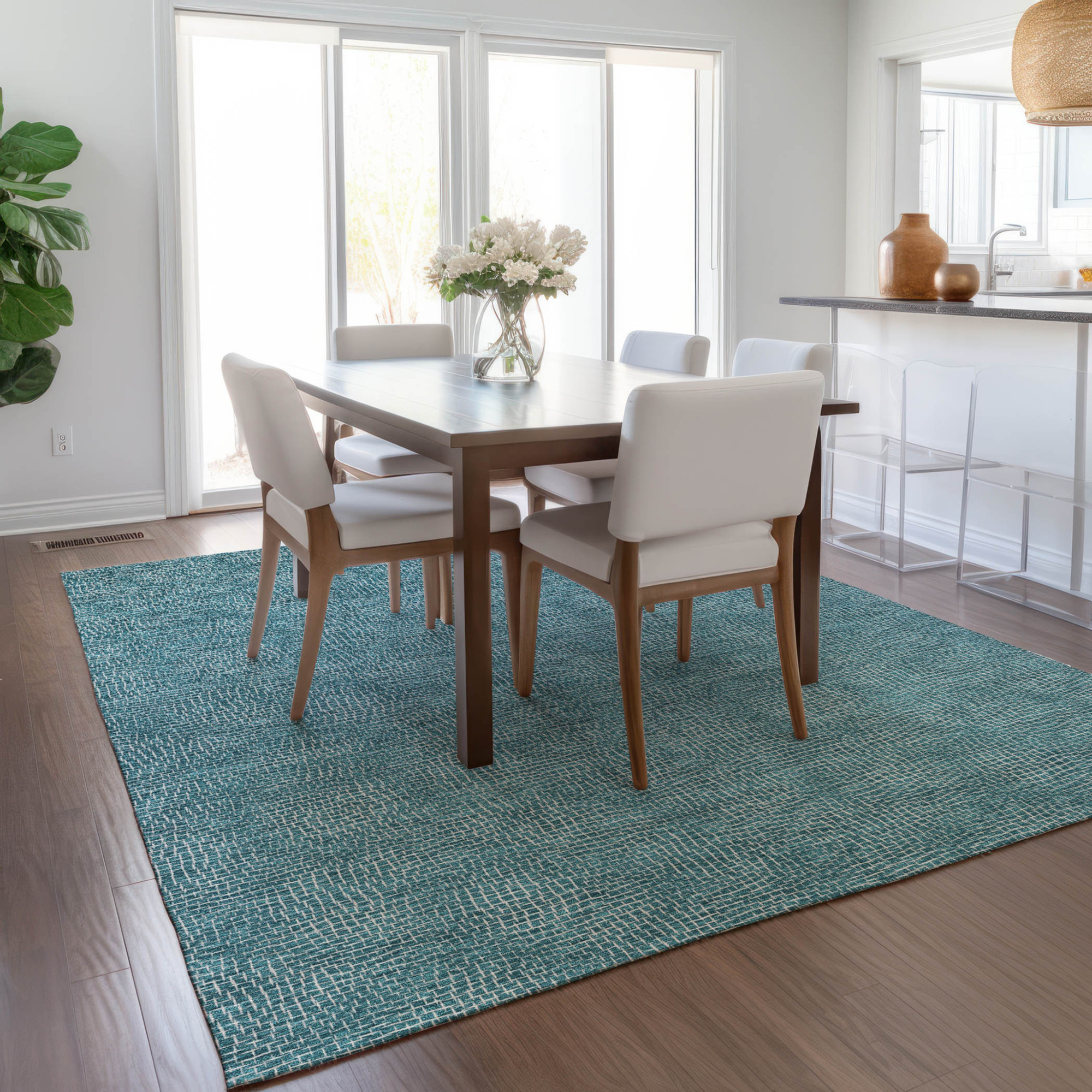 10' X 14' Teal Blue And Ivory Geometric Washable Indoor Outdoor Area Rug - 1 - Sports & Outdoor