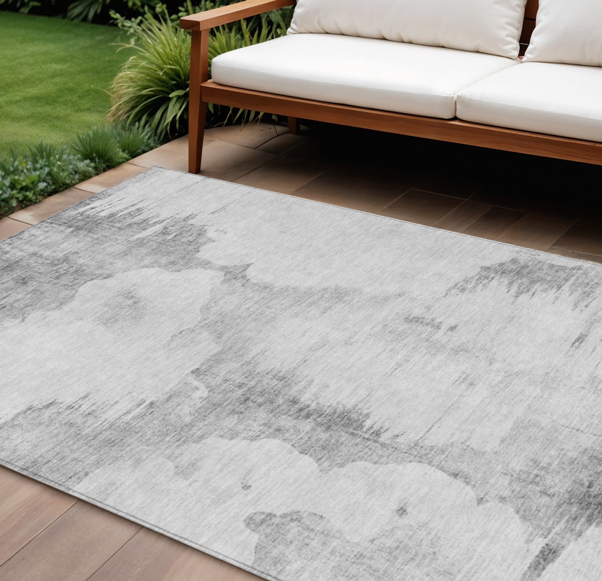 10' X 14' Silver Gray And Pewter Abstract Washable Indoor Outdoor Area Rug - 1 - Sports & Outdoor