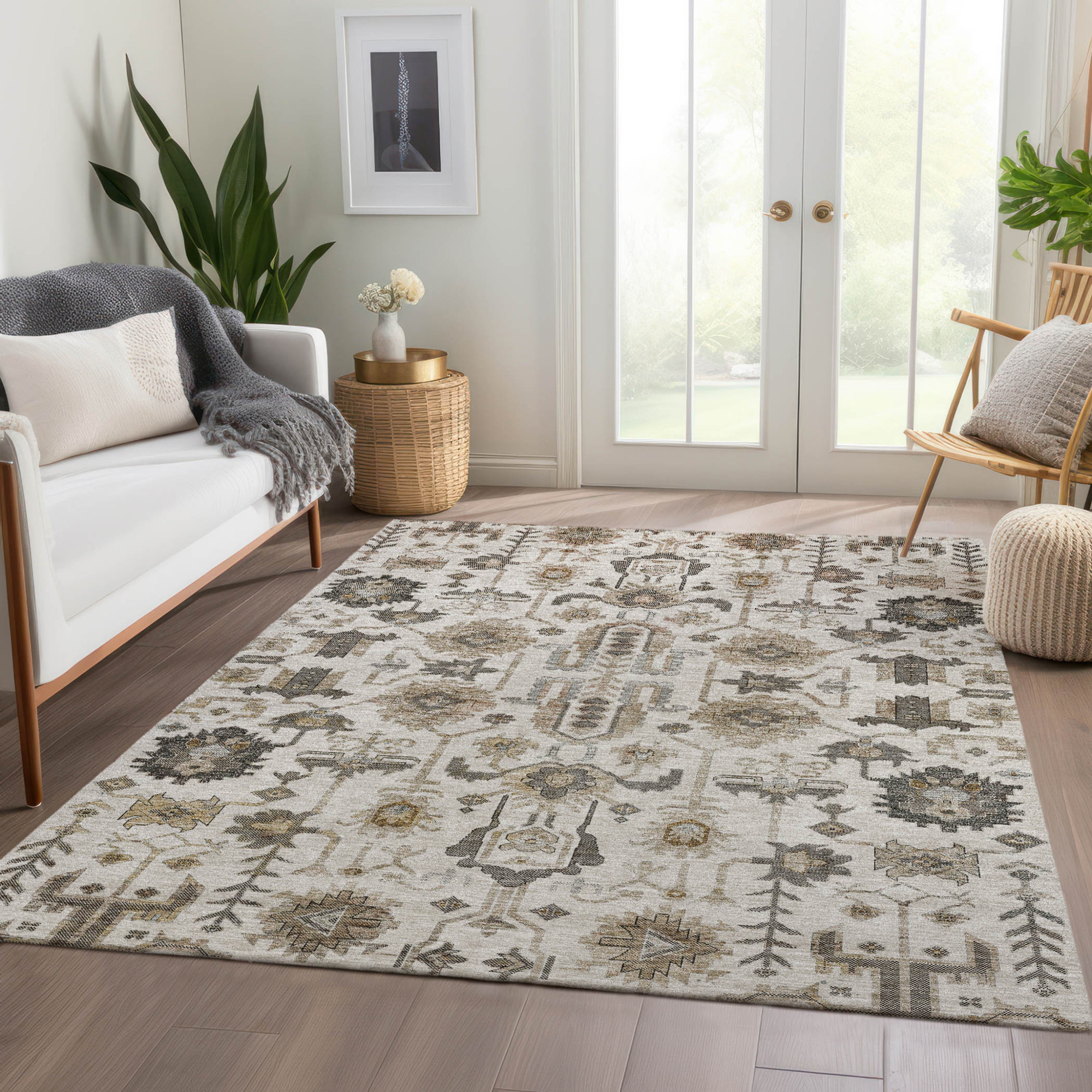 10' X 14' Ivory Beige And Taupe Oriental Washable Indoor Outdoor Area Rug - 1 - Sports & Outdoor