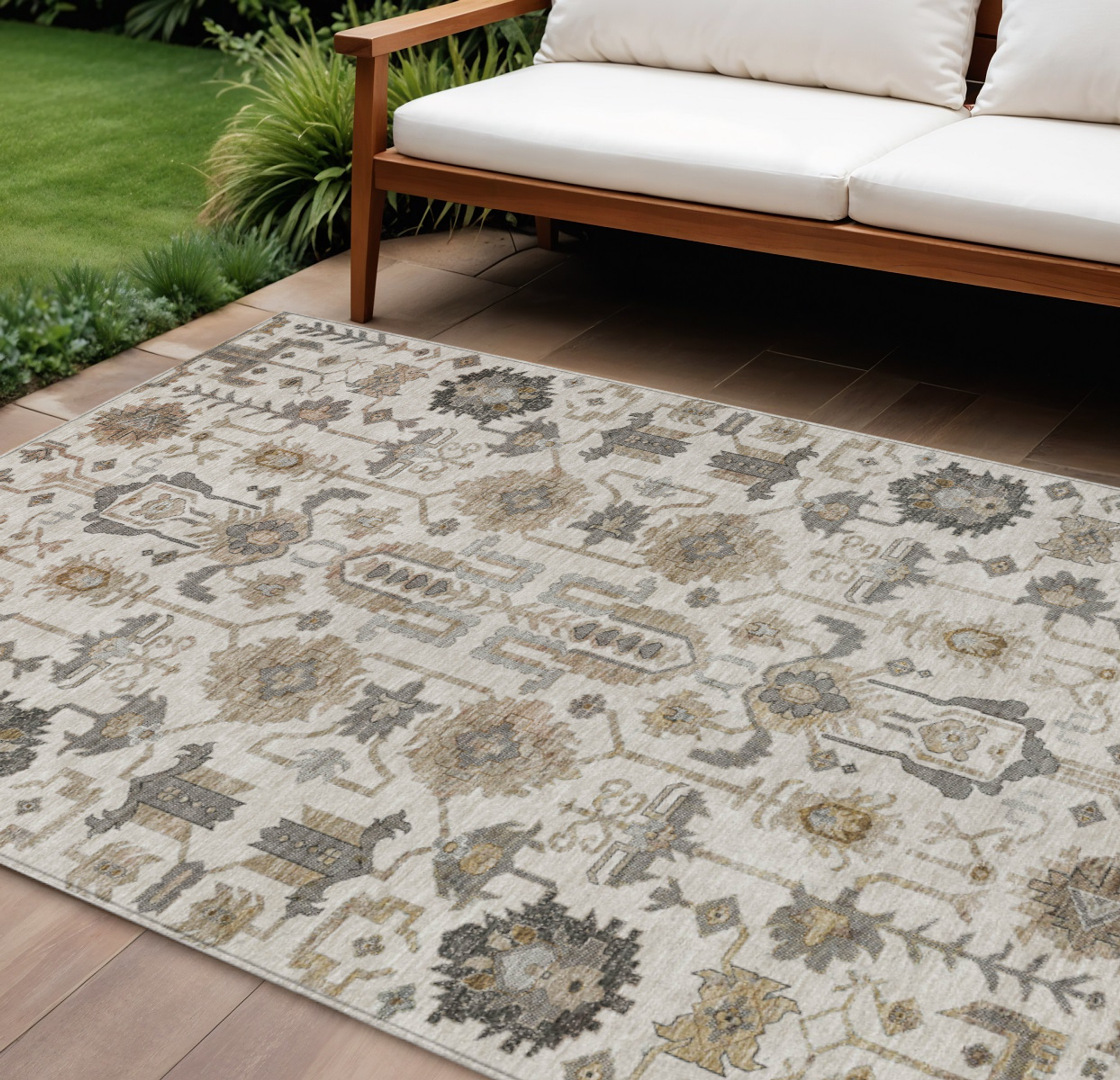 10' X 14' Ivory Beige And Taupe Oriental Washable Indoor Outdoor Area Rug - 1 - Sports & Outdoor