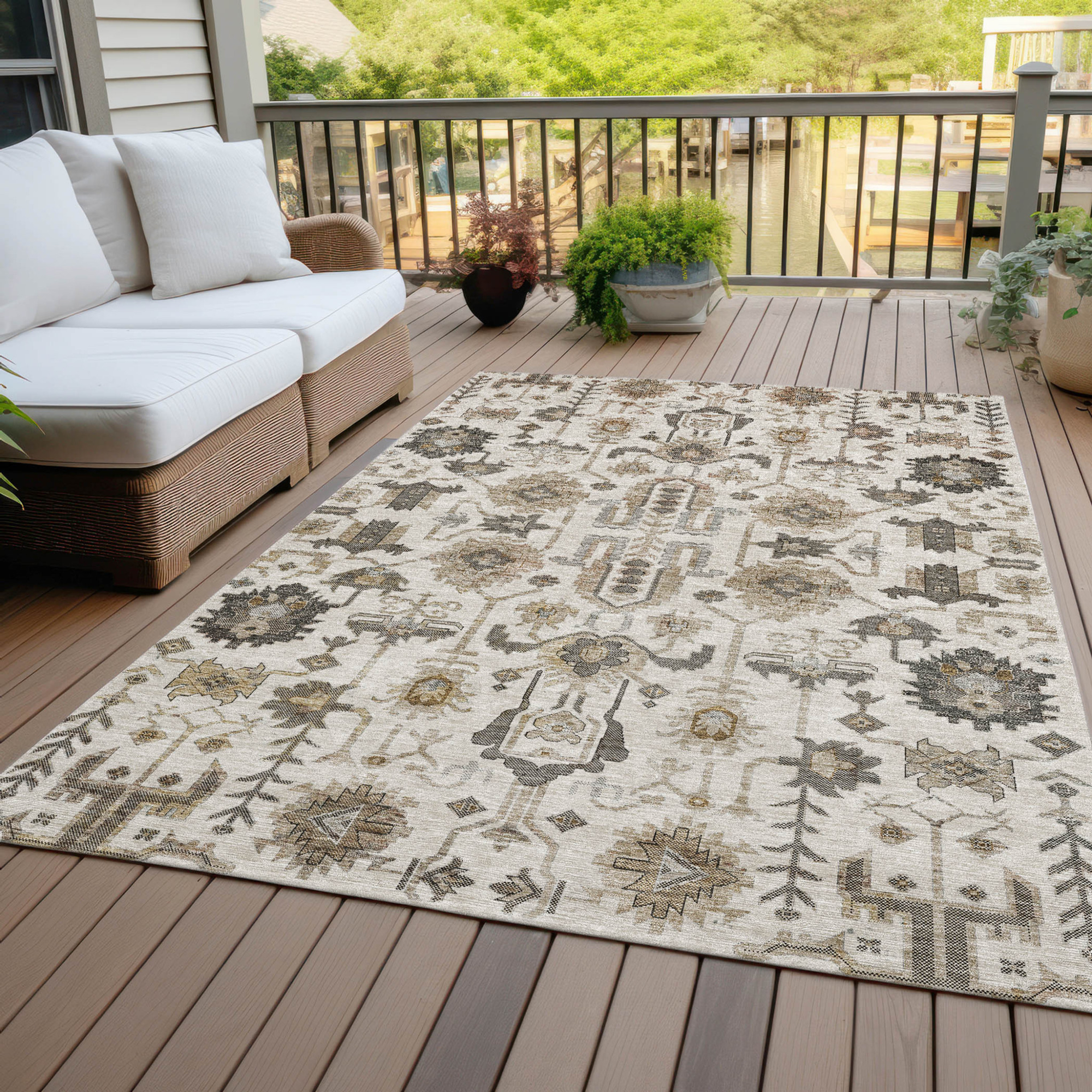 10' X 14' Ivory Beige And Taupe Oriental Washable Indoor Outdoor Area Rug - 1 - Sports & Outdoor