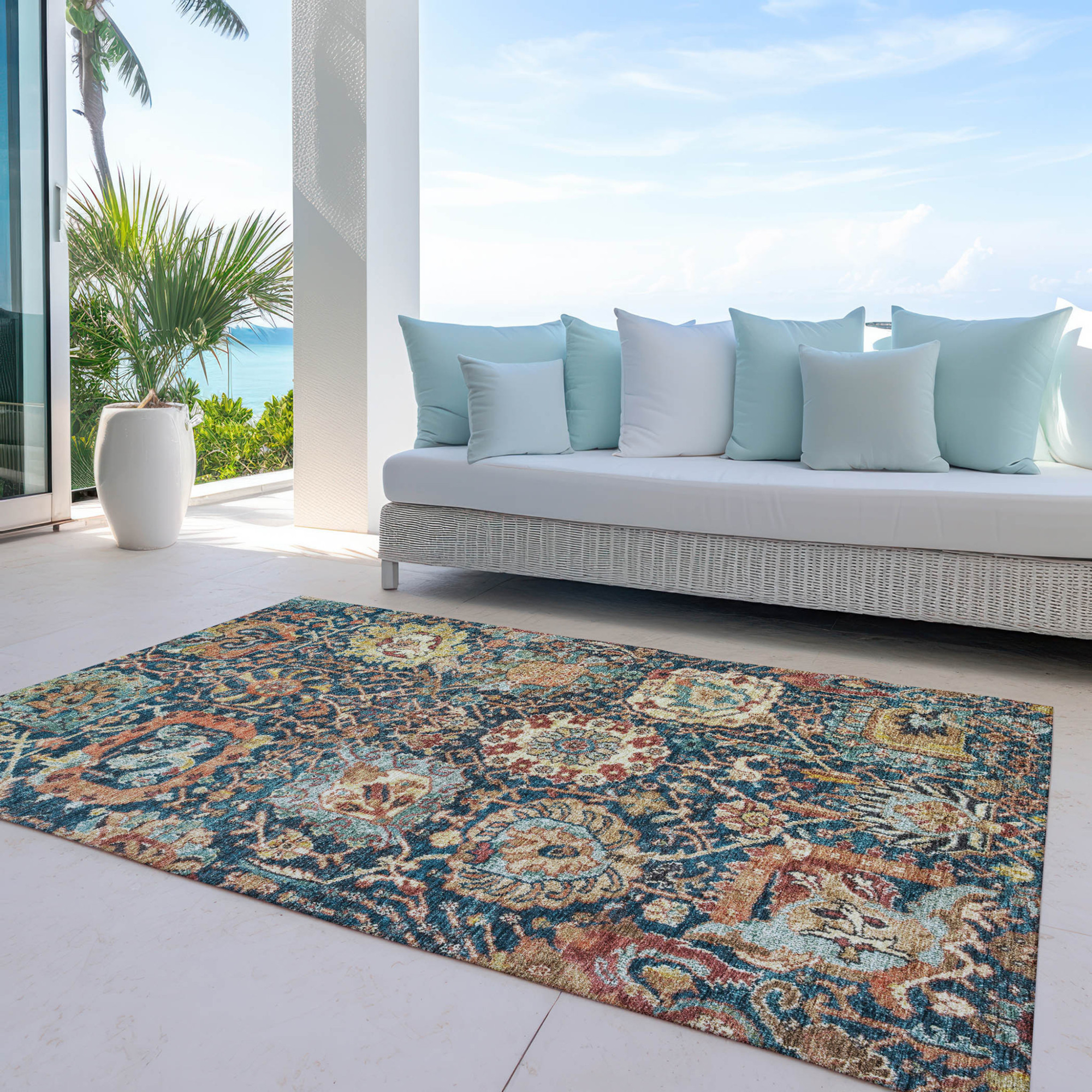 10' X 14' Navy Blue Terra Cotta And Beige Damask Washable Indoor Outdoor Area Rug - 1 - Sports & Outdoor