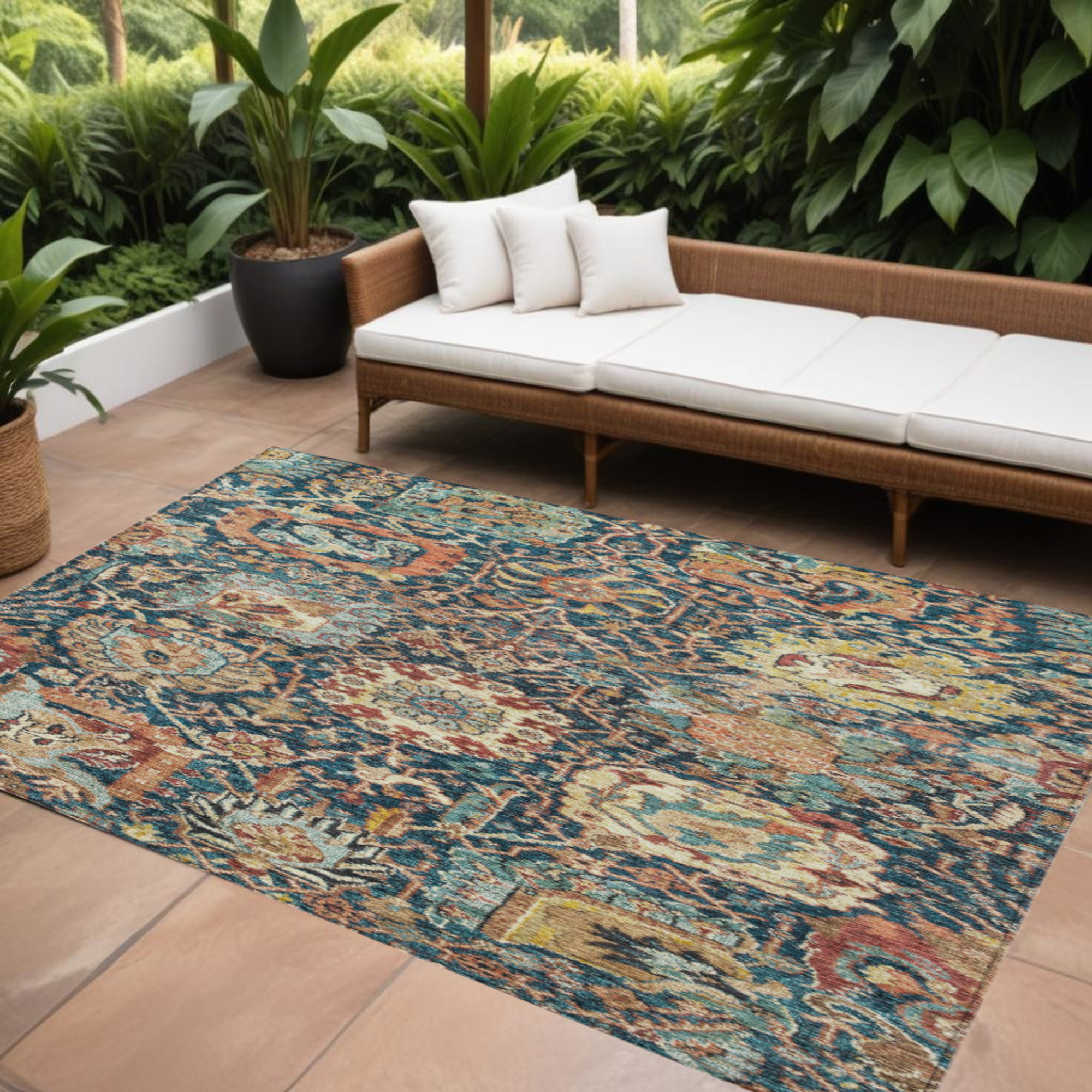 10' X 14' Navy Blue Terra Cotta And Beige Damask Washable Indoor Outdoor Area Rug - 1 - Sports & Outdoor