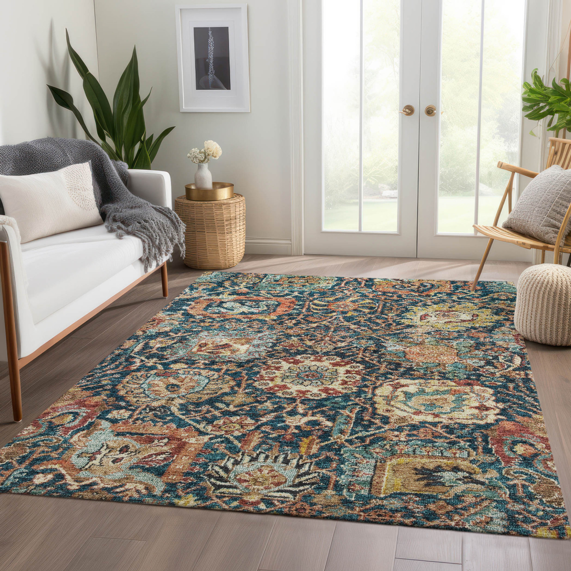 10' X 14' Navy Blue Terra Cotta And Beige Damask Washable Indoor Outdoor Area Rug - 1 - Sports & Outdoor