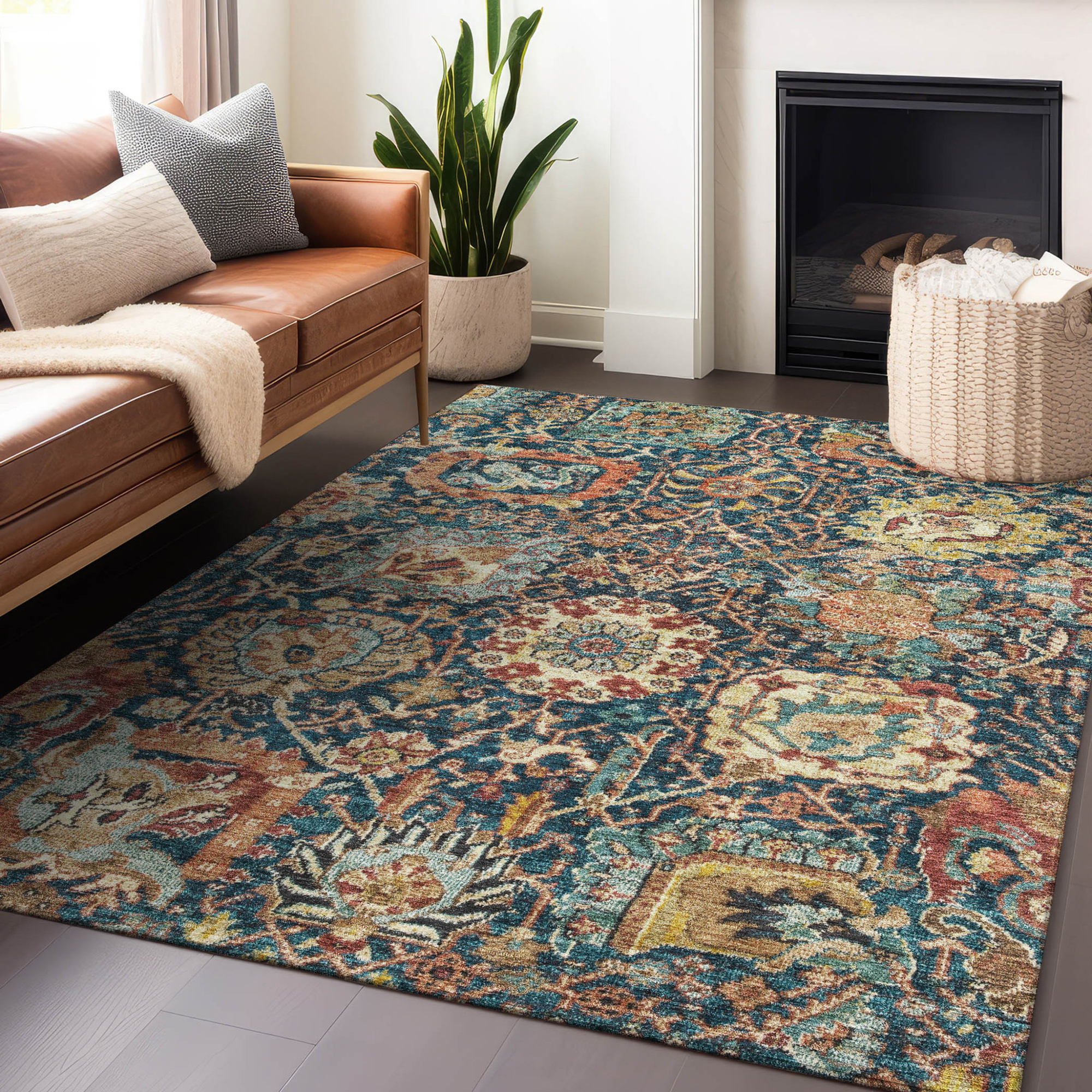 10' X 14' Navy Blue Terra Cotta And Beige Damask Washable Indoor Outdoor Area Rug - 1 - Sports & Outdoor
