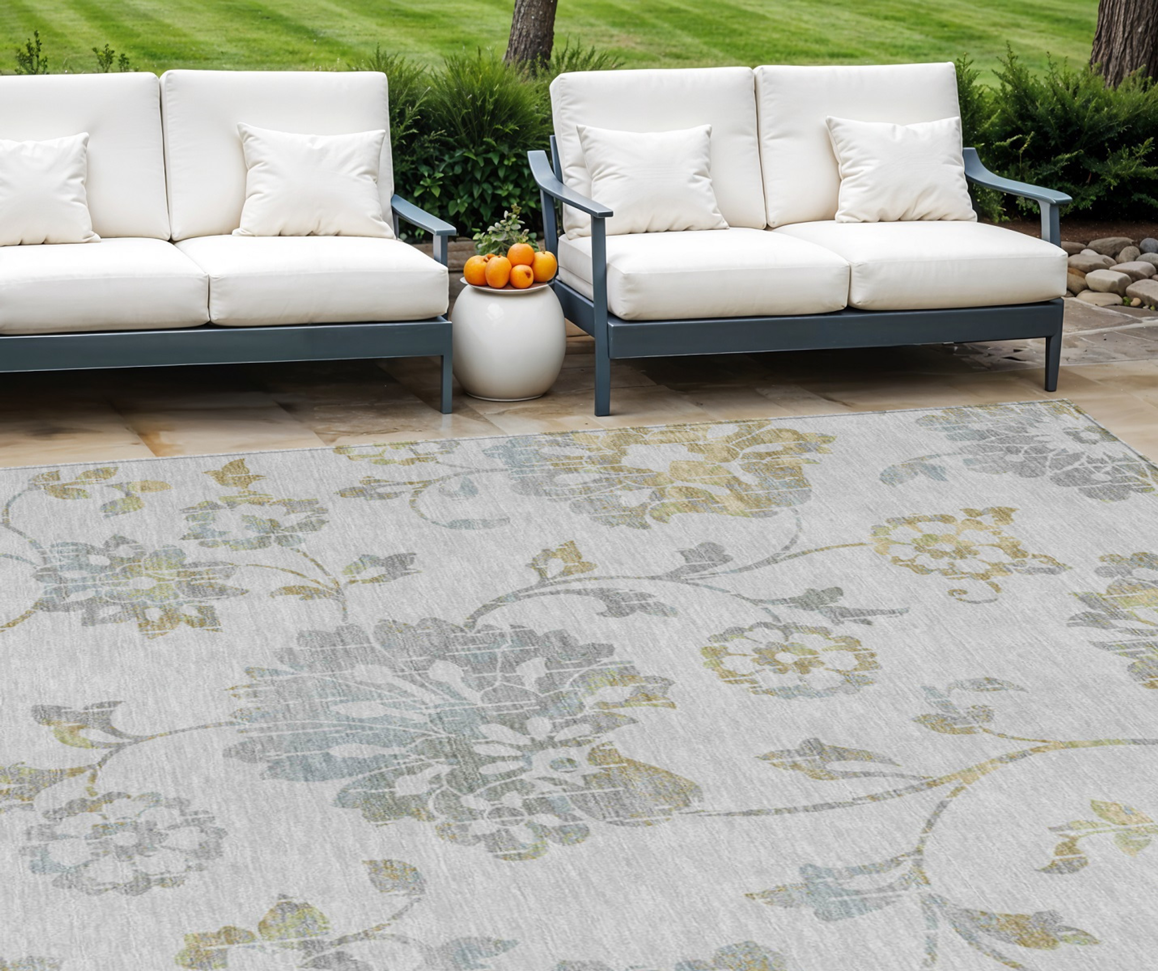 10' X 14' Silver Gray And Gold Floral Washable Indoor Outdoor Area Rug - 1 - Sports & Outdoor
