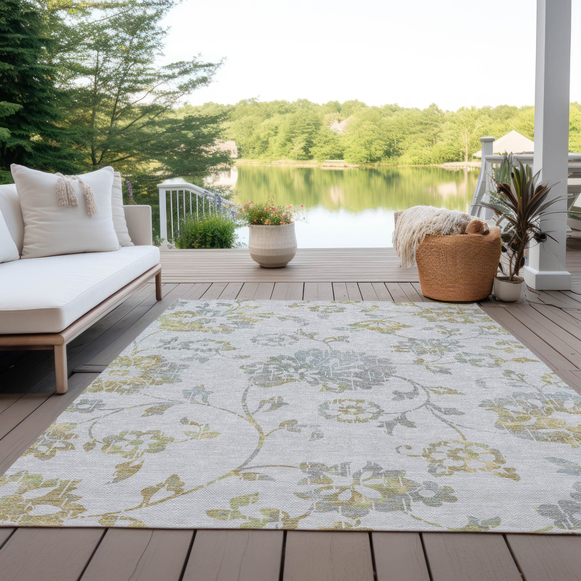 10' X 14' Silver Gray And Gold Floral Washable Indoor Outdoor Area Rug - 1 - Sports & Outdoor