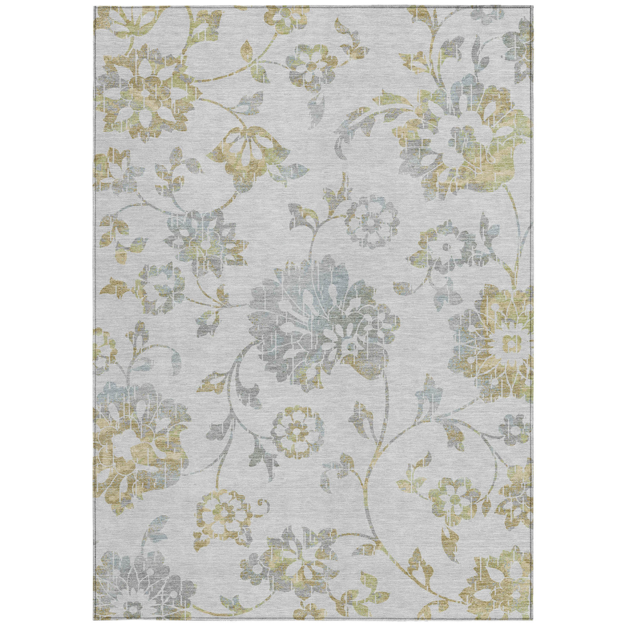 10' X 14' Silver Gray And Gold Floral Washable Indoor Outdoor Area Rug - 1 - Sports & Outdoor