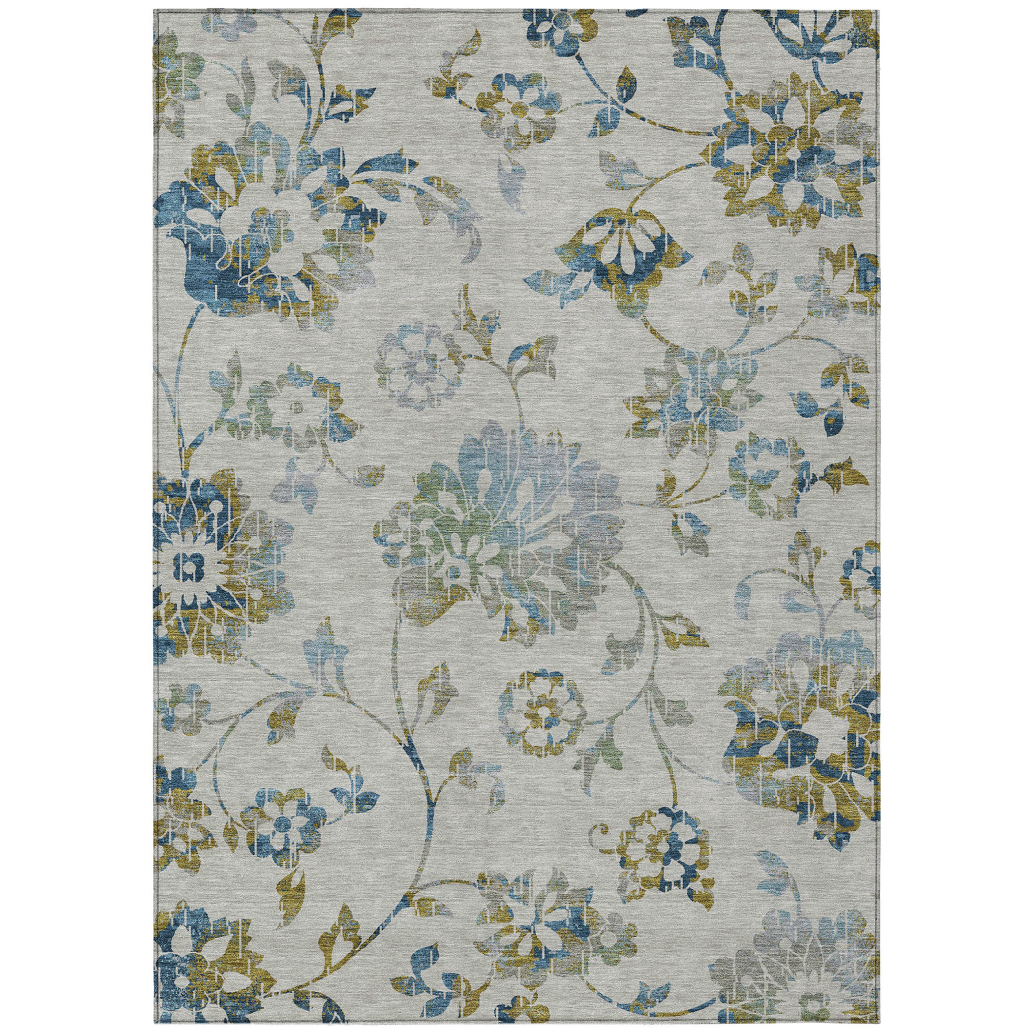 10' X 14' Taupe Navy Blue And Denim Blue Floral Washable Indoor Outdoor Area Rug - 1 - Sports & Outdoor