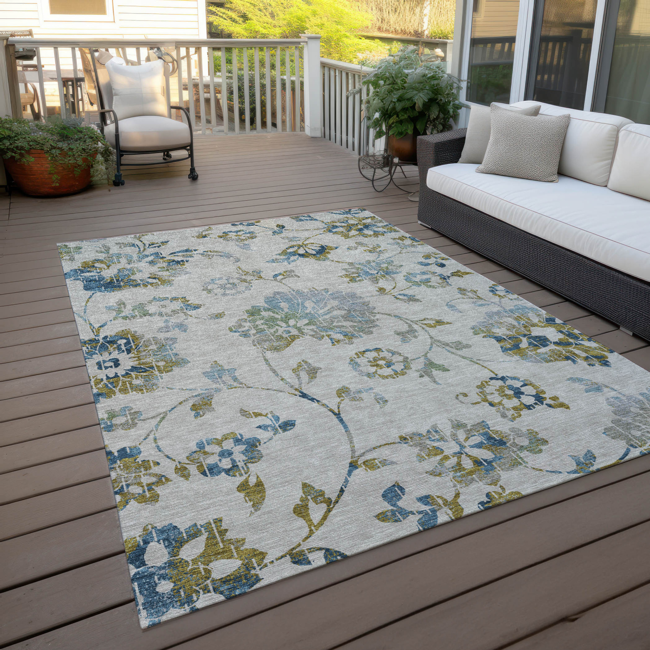 10' X 14' Taupe Navy Blue And Denim Blue Floral Washable Indoor Outdoor Area Rug - 1 - Sports & Outdoor