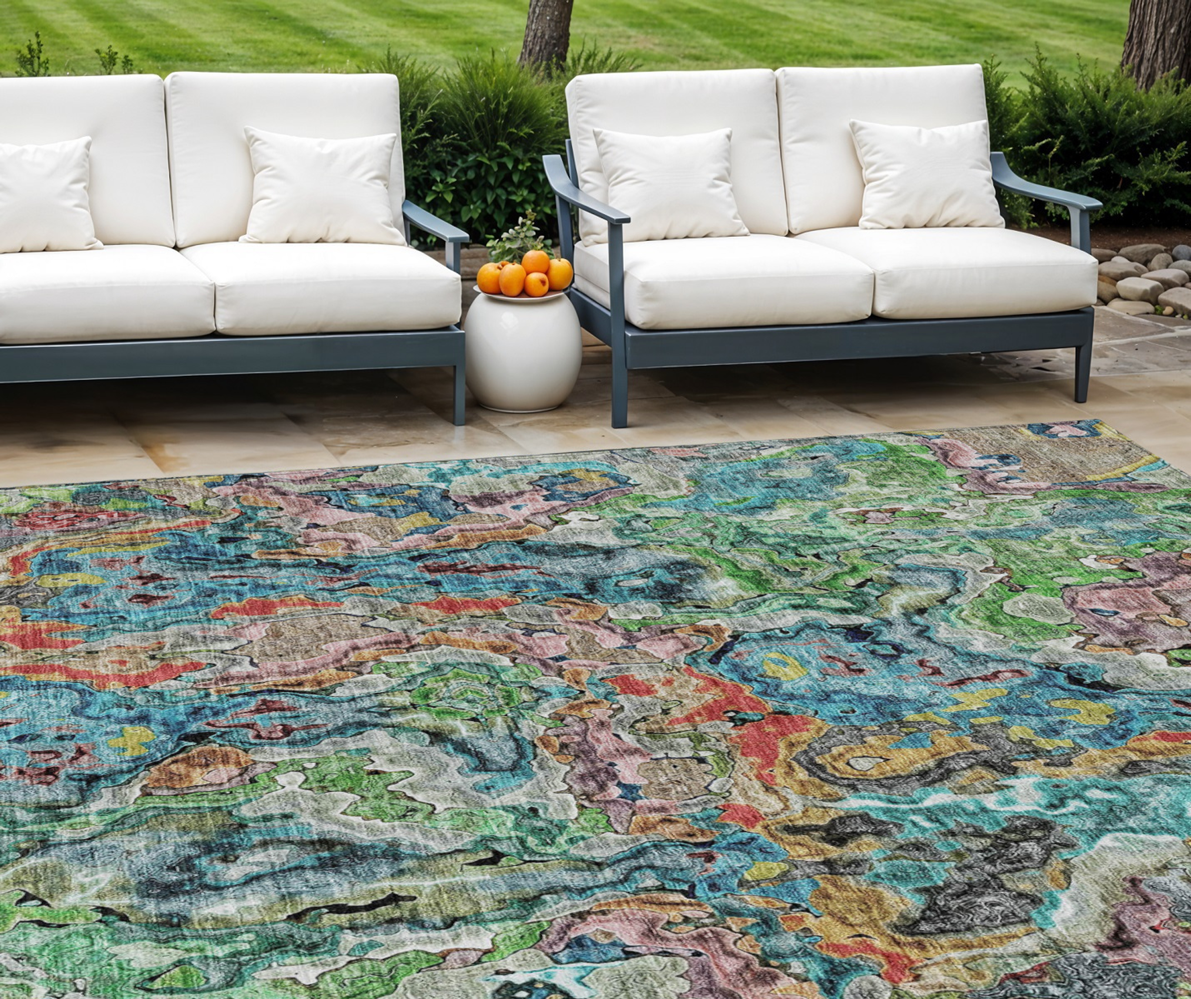 10' X 14' Orange And Teal Blue Abstract Washable Indoor Outdoor Area Rug - 1 - Sports & Outdoor