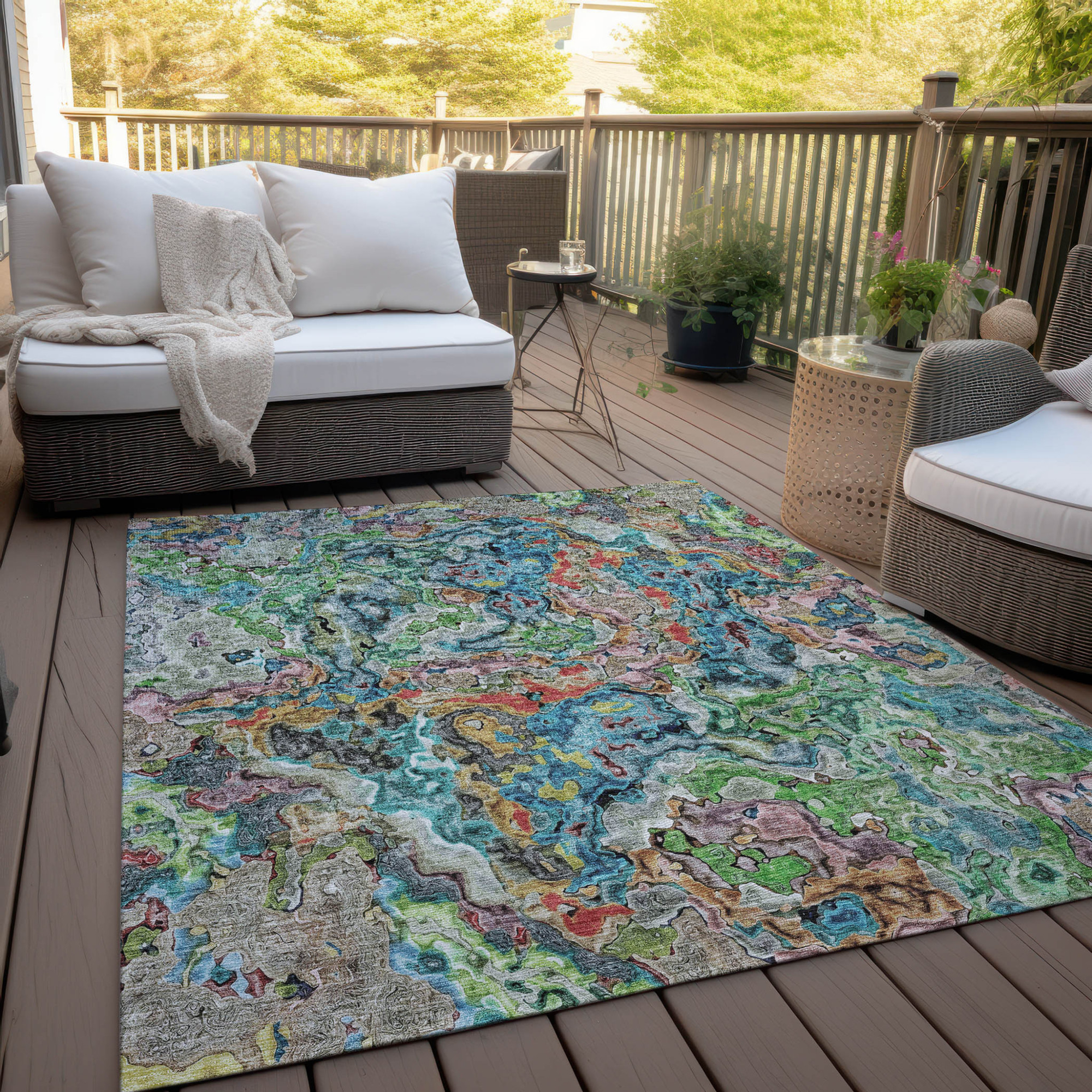 10' X 14' Orange And Teal Blue Abstract Washable Indoor Outdoor Area Rug - 1 - Sports & Outdoor