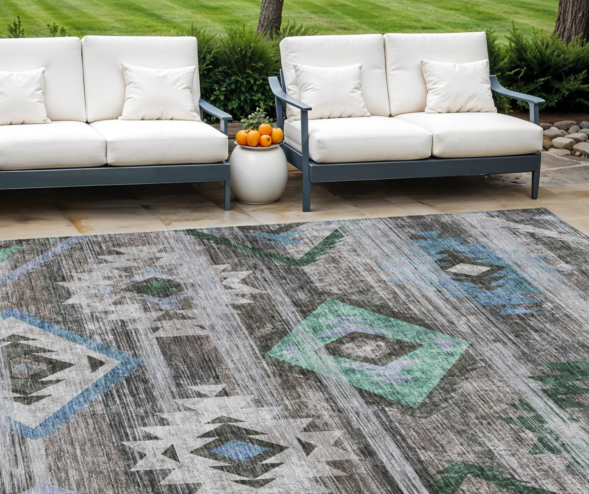 10' X 14' Brown Beige And Blue Southwestern Washable Indoor Outdoor Area Rug - 1 - Sports & Outdoor