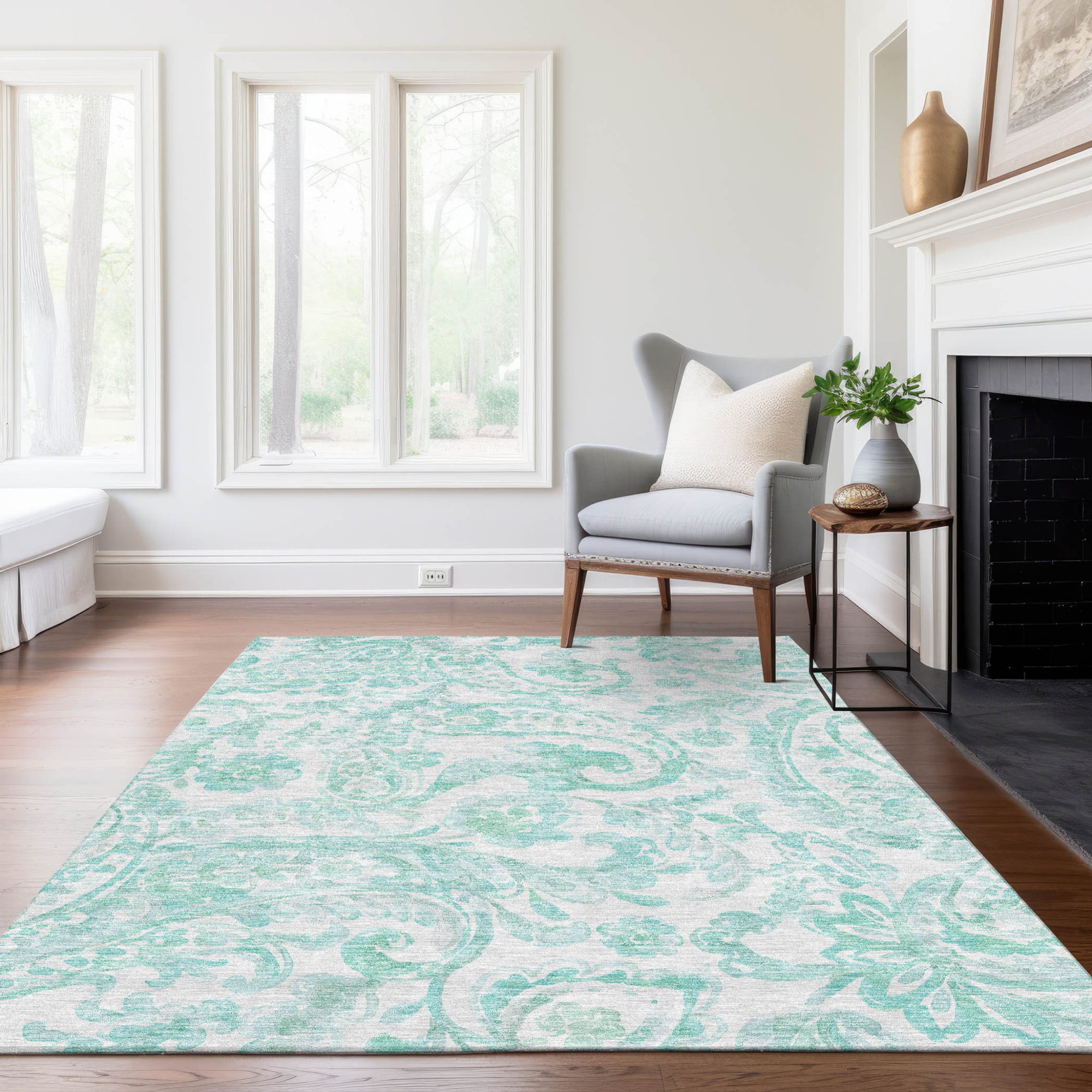 10' X 14' Turquoise And Ivory Paisley Washable Indoor Outdoor Area Rug - 1 - Sports & Outdoor