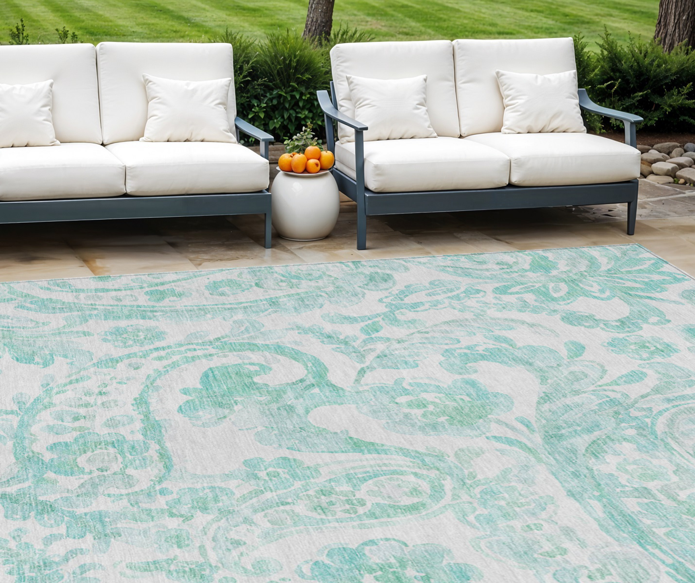 10' X 14' Turquoise And Ivory Paisley Washable Indoor Outdoor Area Rug - 1 - Sports & Outdoor