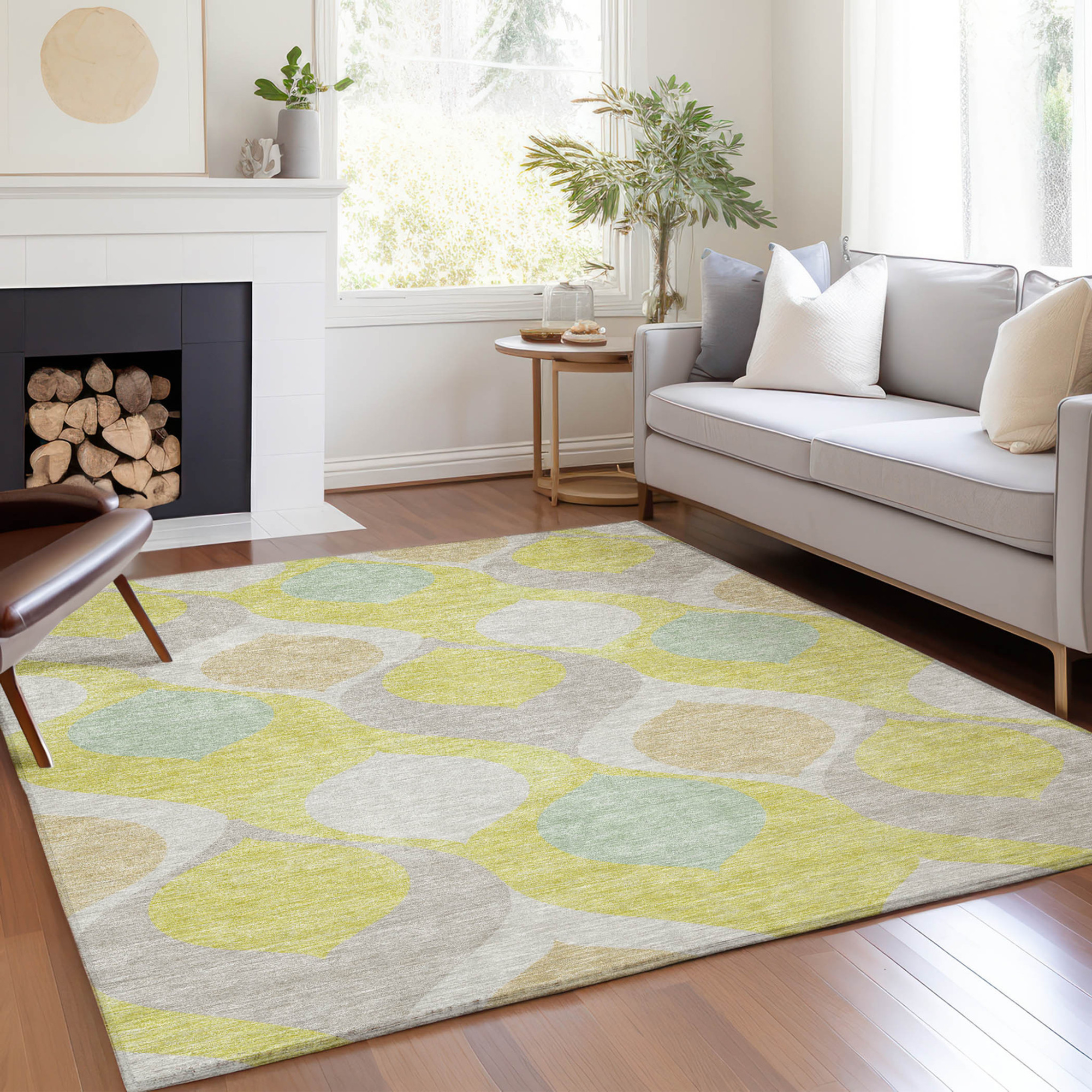 10' X 14' Yellow Mint Green And Beige Ogee Washable Indoor Outdoor Area Rug - 1 - Sports & Outdoor