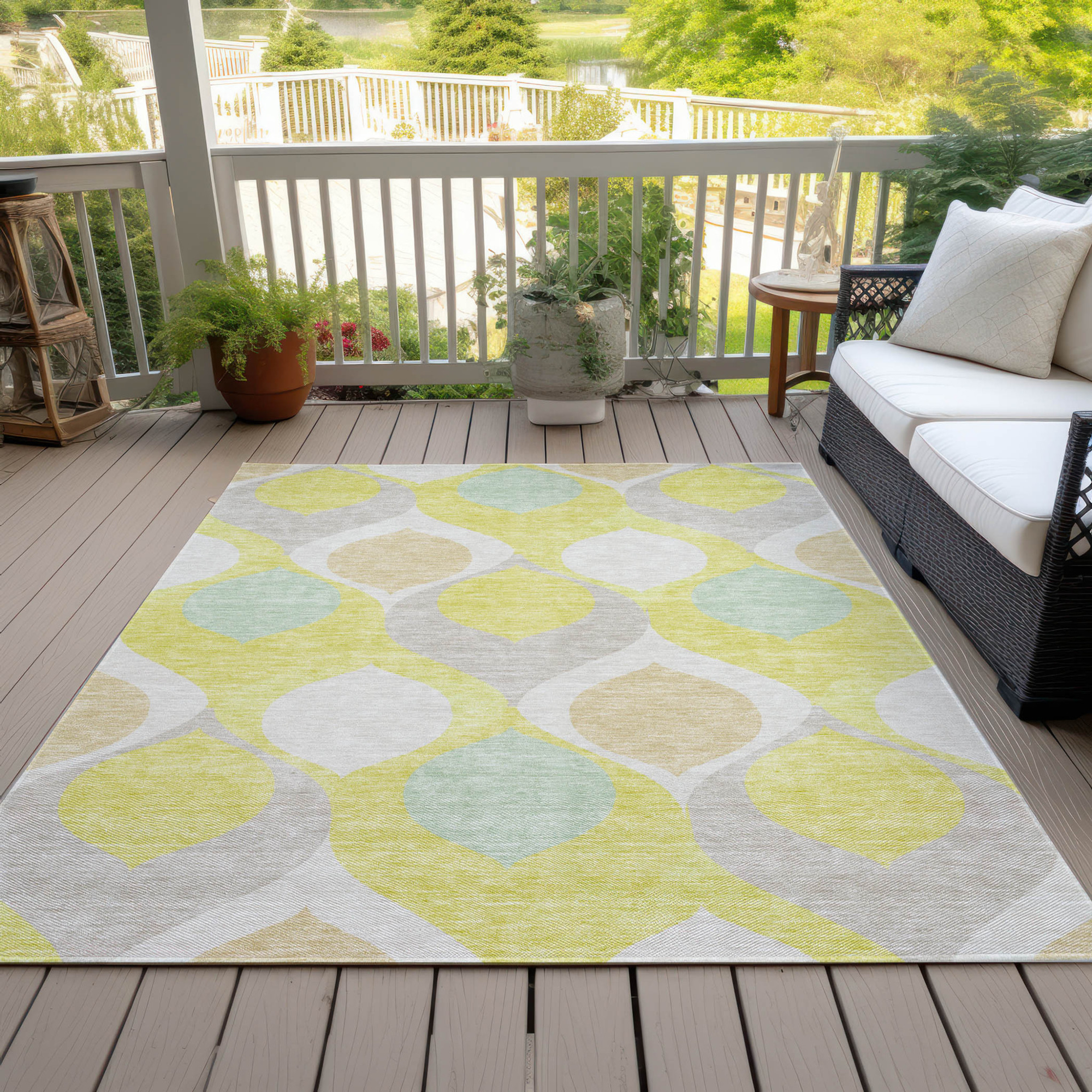 10' X 14' Yellow Mint Green And Beige Ogee Washable Indoor Outdoor Area Rug - 1 - Sports & Outdoor