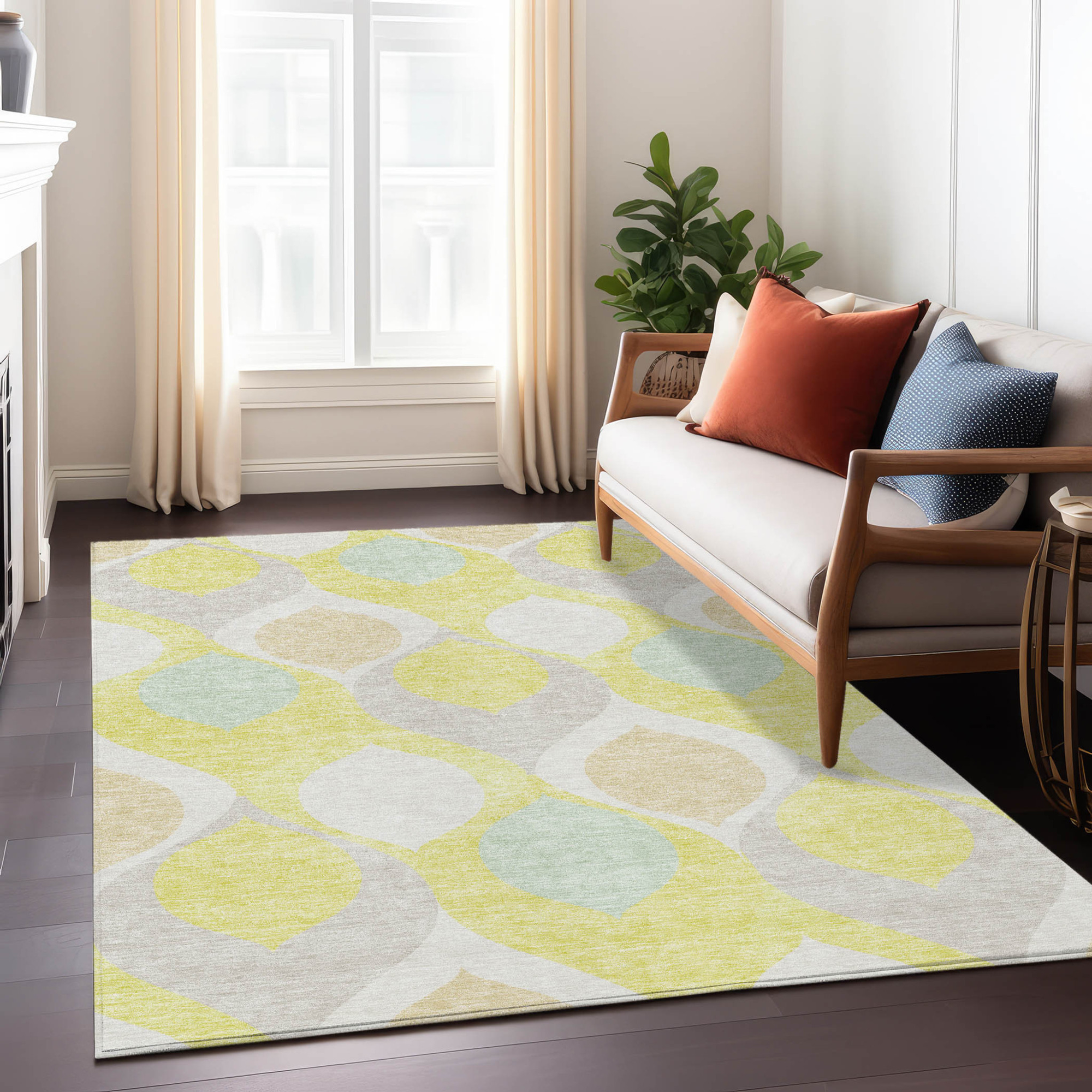 10' X 14' Yellow Mint Green And Beige Ogee Washable Indoor Outdoor Area Rug - 1 - Sports & Outdoor