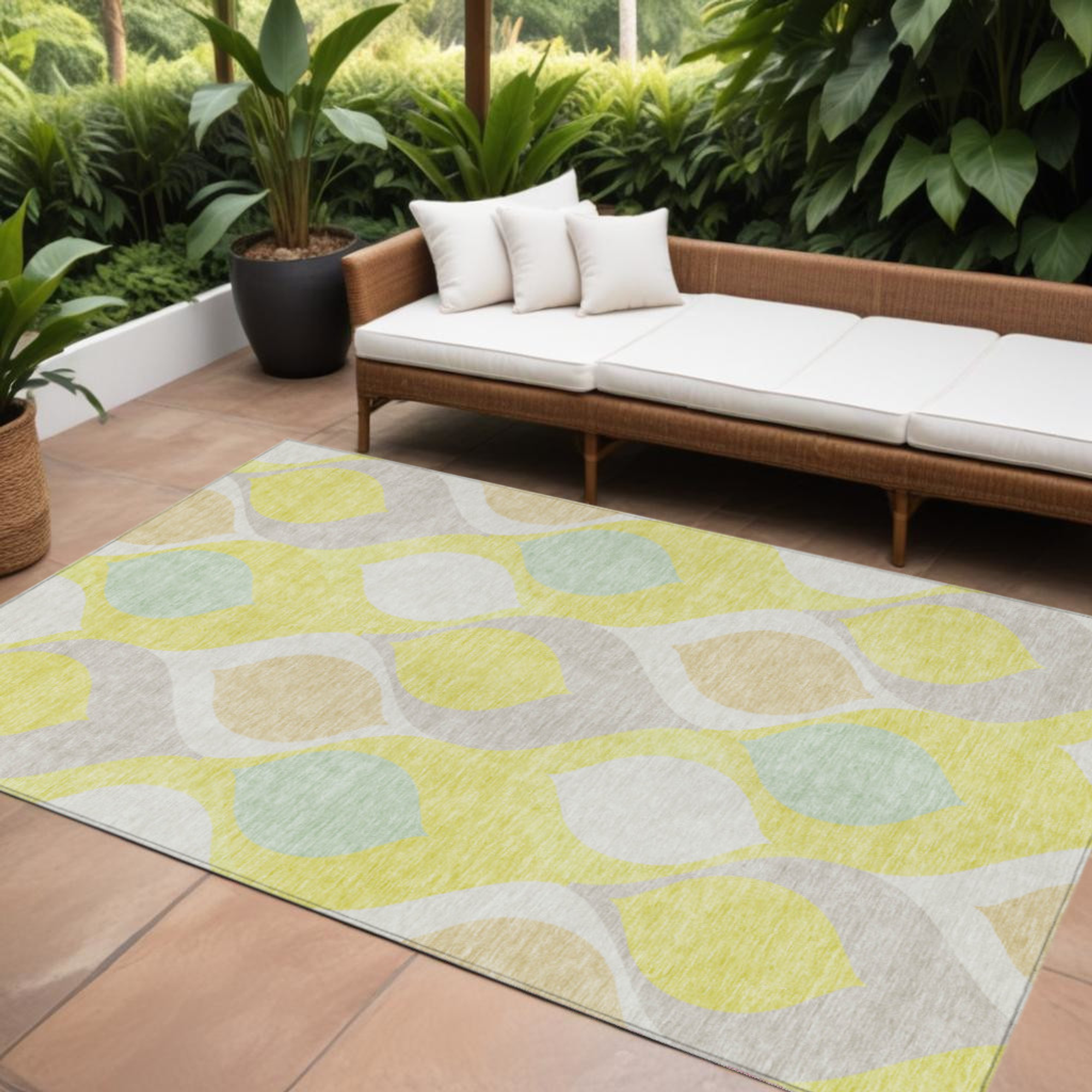 10' X 14' Yellow Mint Green And Beige Ogee Washable Indoor Outdoor Area Rug - 1 - Sports & Outdoor