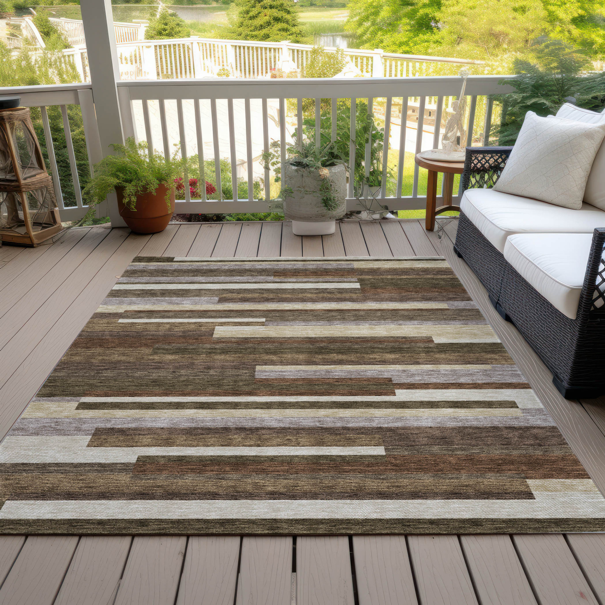 10' X 14' Brown Beige And Copper Striped Washable Indoor Outdoor Area Rug - 1 - Sports & Outdoor