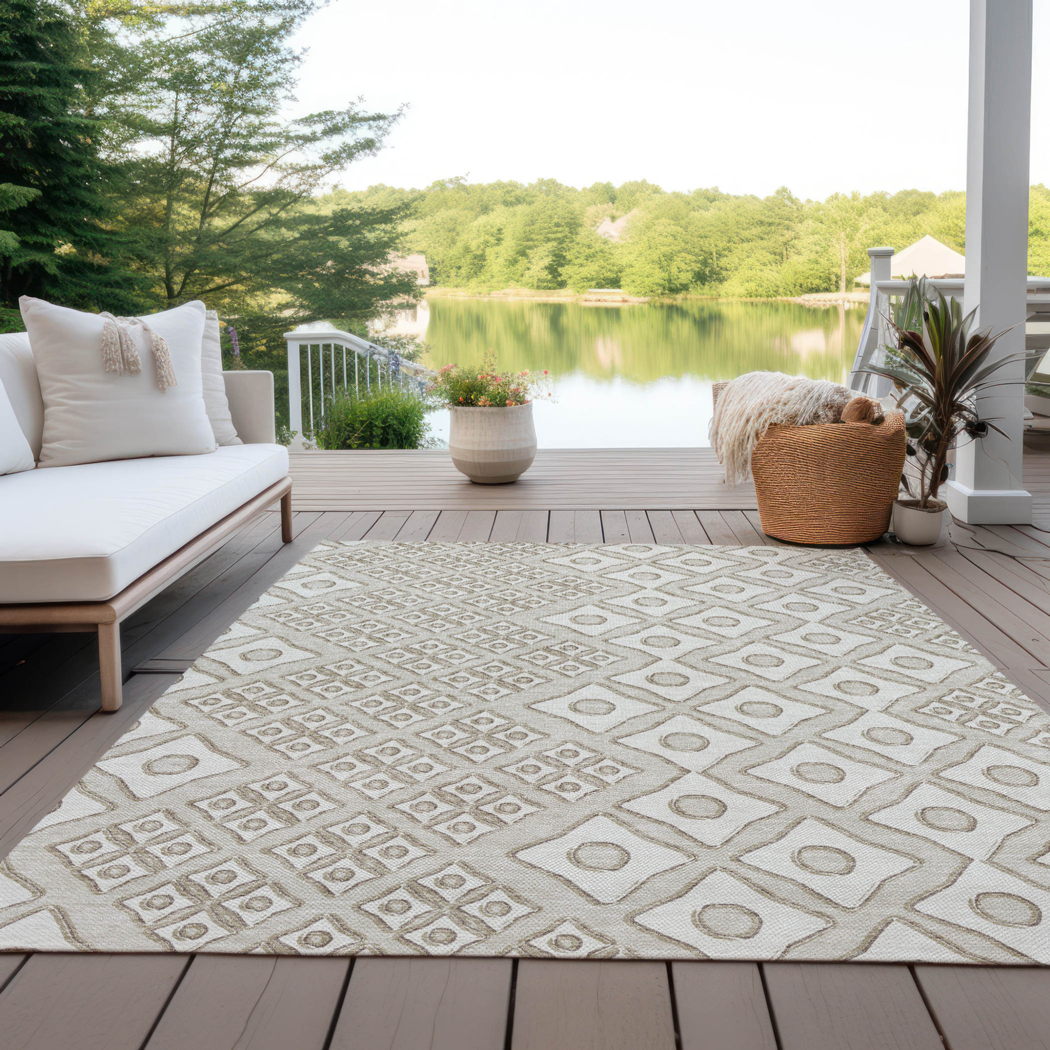 10' X 14' Beige And Ivory Geometric Washable Indoor Outdoor Area Rug - 1 - Sports & Outdoor