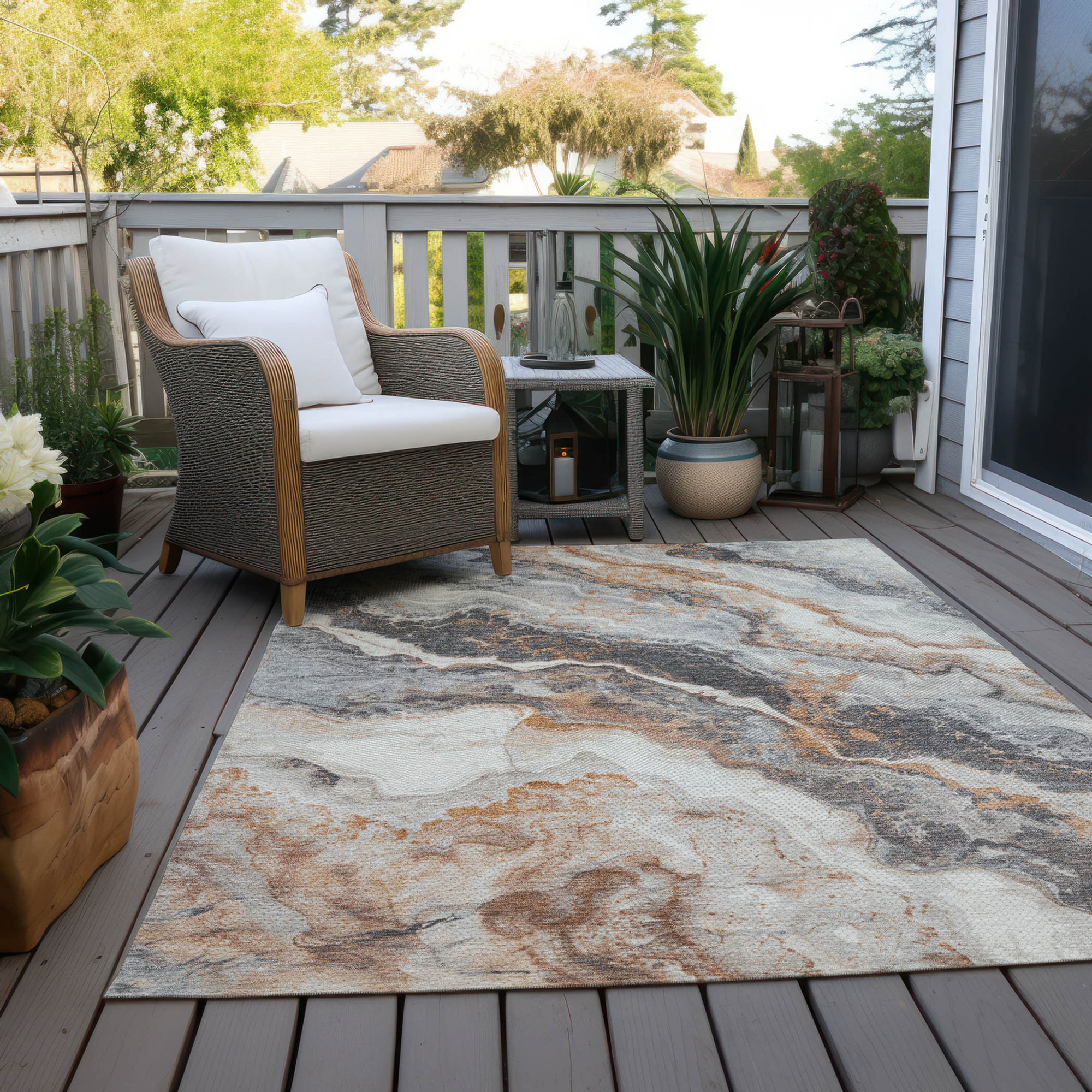 10' X 14' Silver And Copper Abstract Washable Indoor Outdoor Area Rug - 1 - Sports & Outdoor
