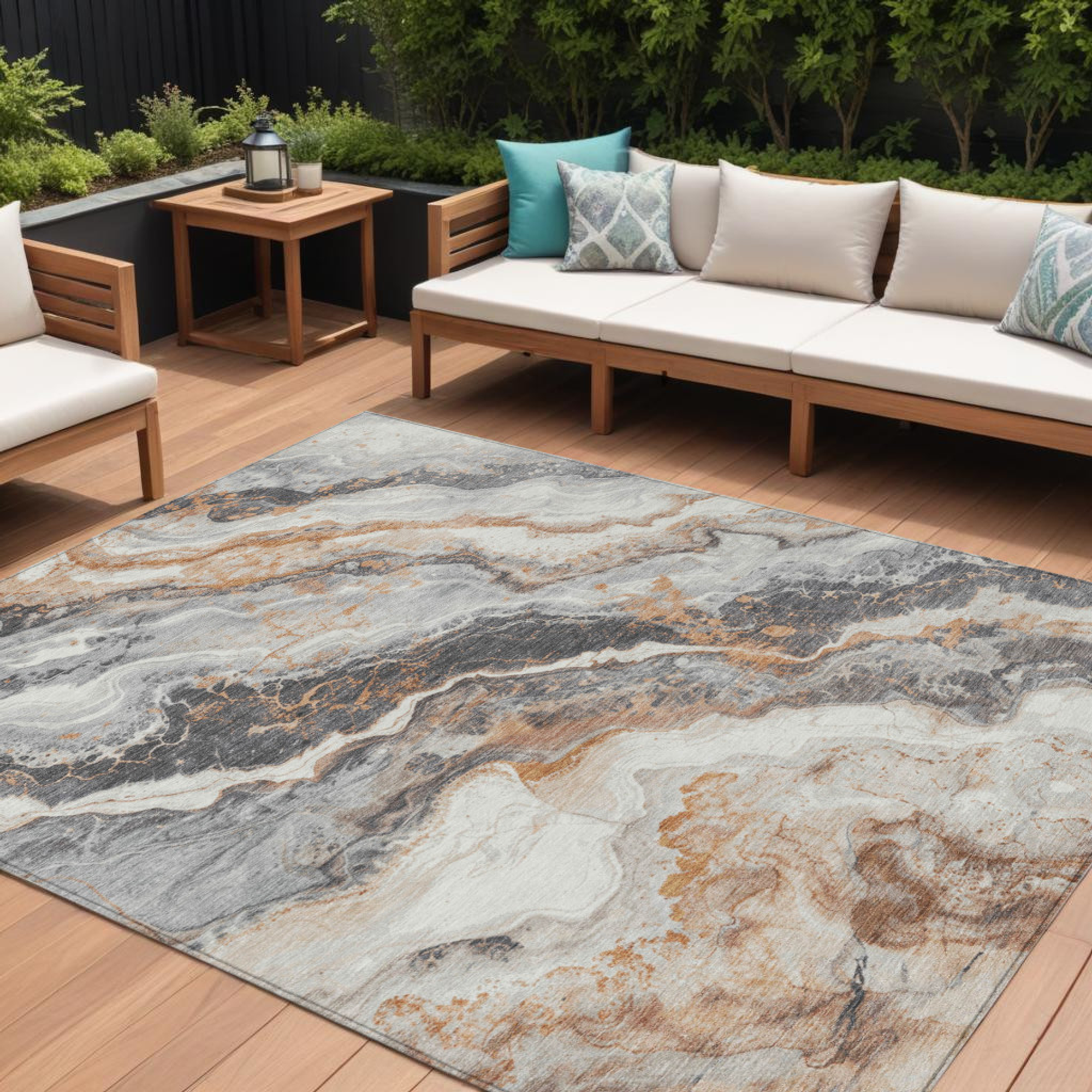 10' X 14' Silver And Copper Abstract Washable Indoor Outdoor Area Rug - 1 - Sports & Outdoor