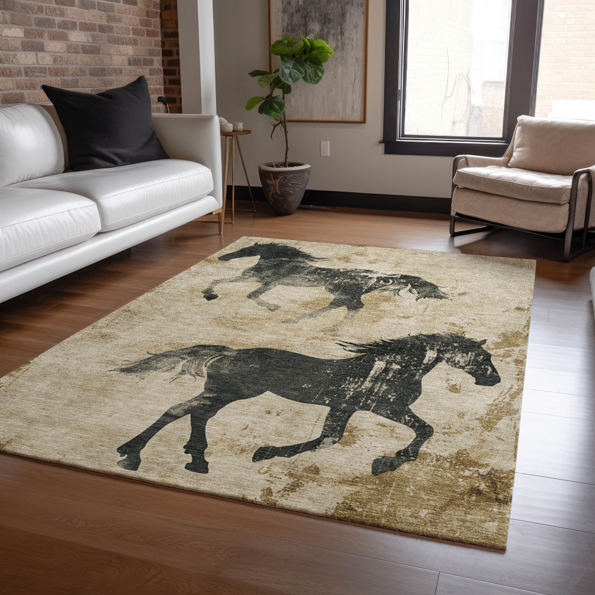 10' X 14' Beige And Charcoal Horse Washable Indoor Outdoor Area Rug - 1 - Sports & Outdoor