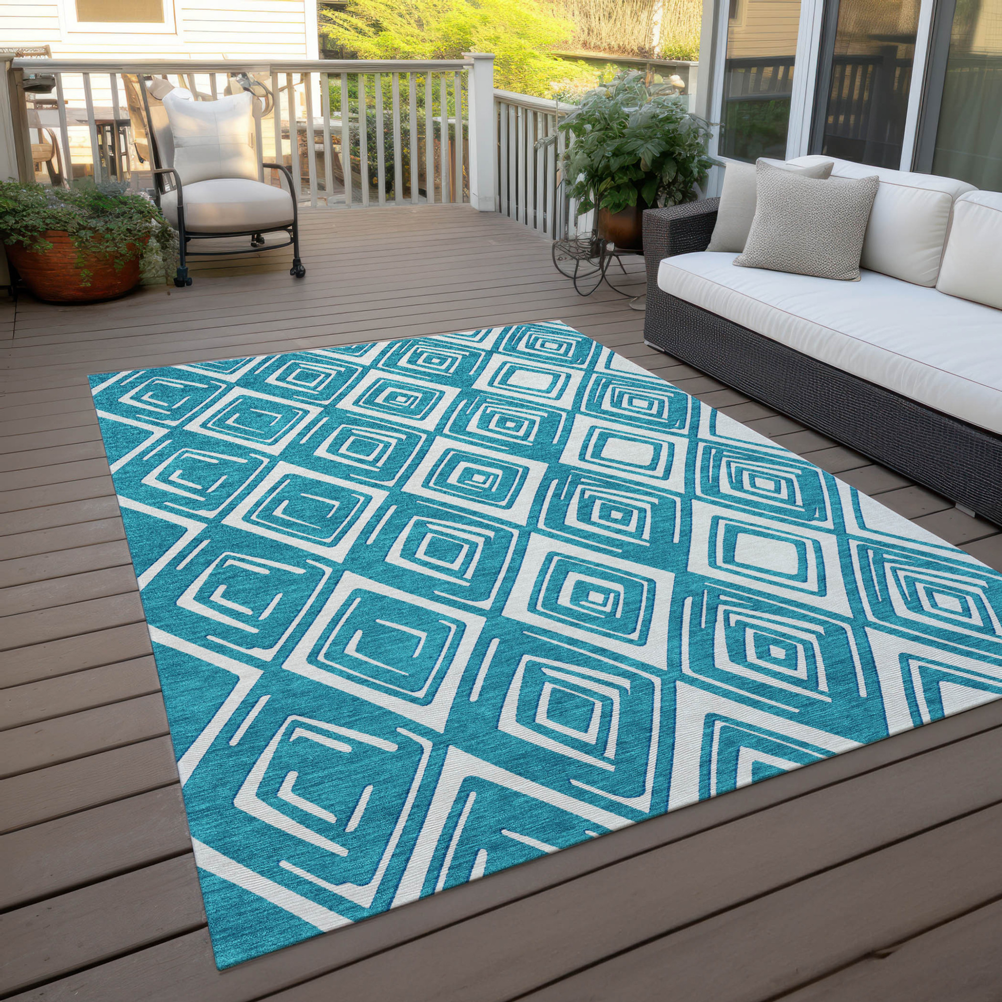 10' X 14' Teal Blue And Ivory Geometric Washable Indoor Outdoor Area Rug - 1 - Sports & Outdoor