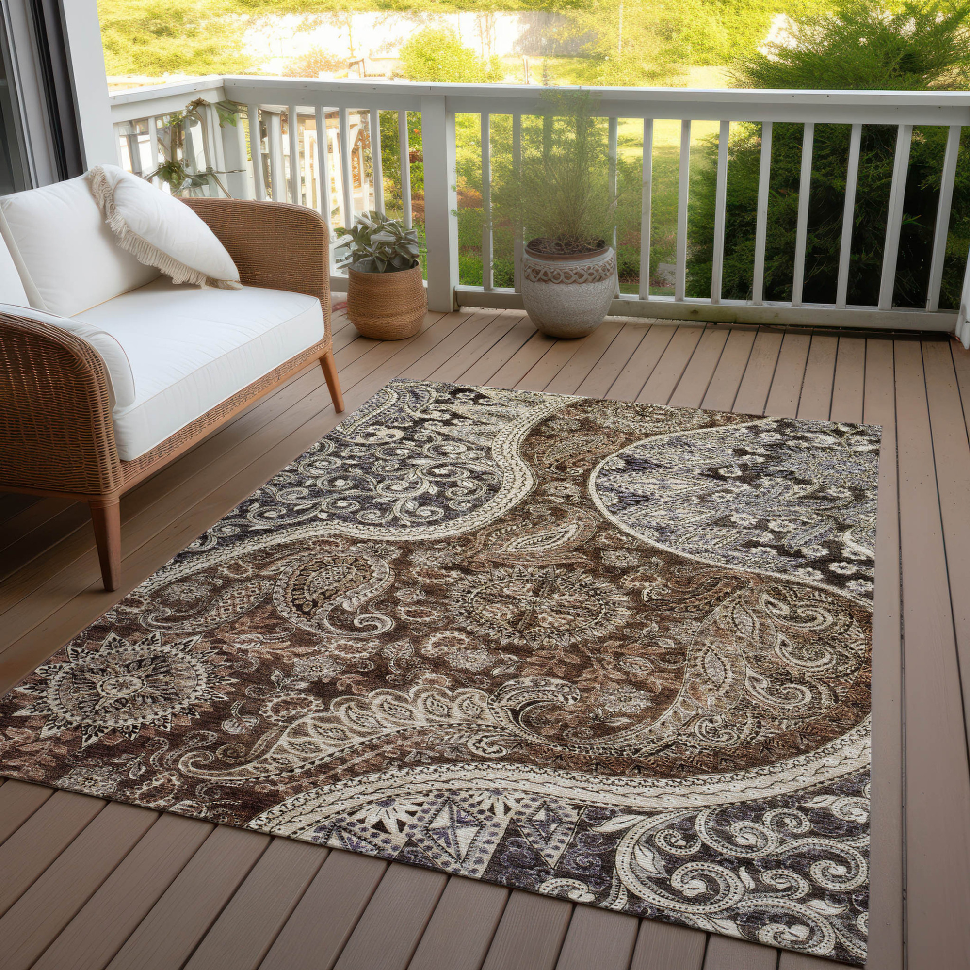 10' X 14' Brown Beige And Tan Floral Medallion Washable Indoor Outdoor Area Rug - 1 - Sports & Outdoor