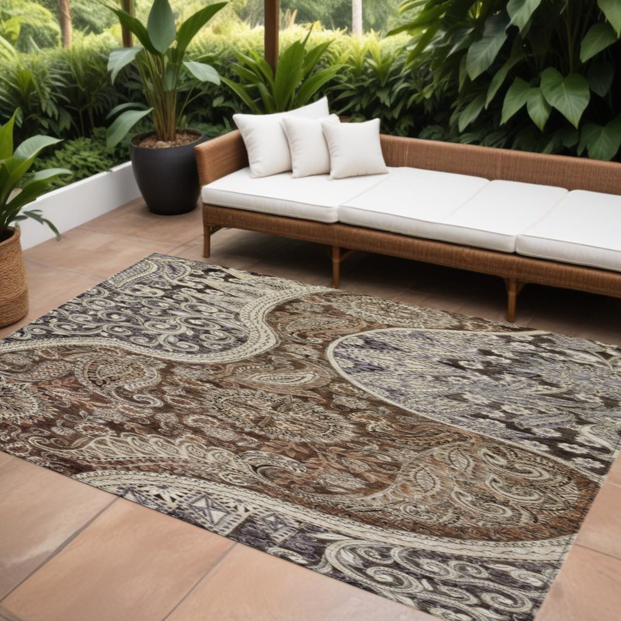 10' X 14' Brown Beige And Tan Floral Medallion Washable Indoor Outdoor Area Rug - 1 - Sports & Outdoor