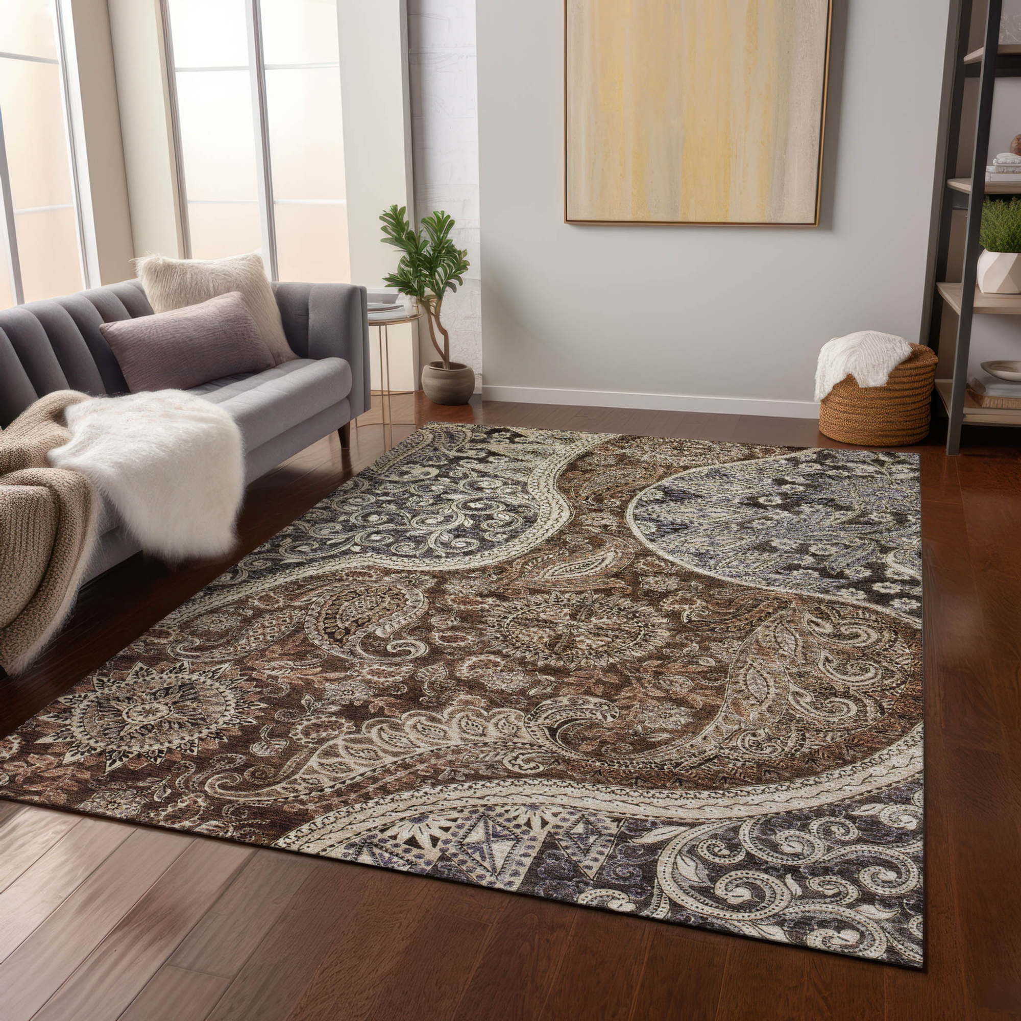 10' X 14' Brown Beige And Tan Floral Medallion Washable Indoor Outdoor Area Rug - 1 - Sports & Outdoor