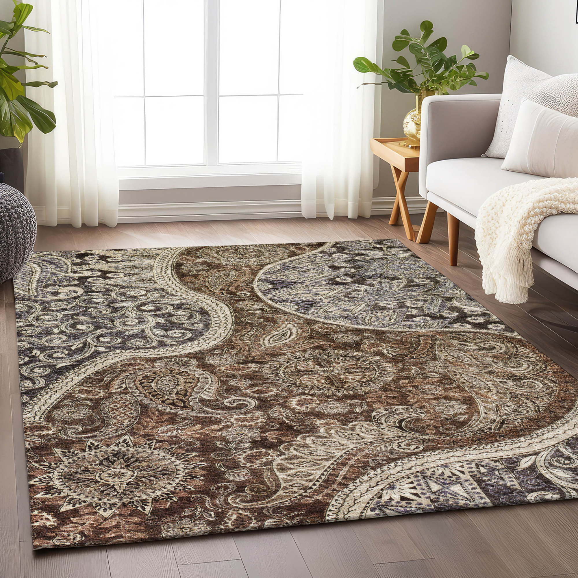 10' X 14' Brown Beige And Tan Floral Medallion Washable Indoor Outdoor Area Rug - 1 - Sports & Outdoor