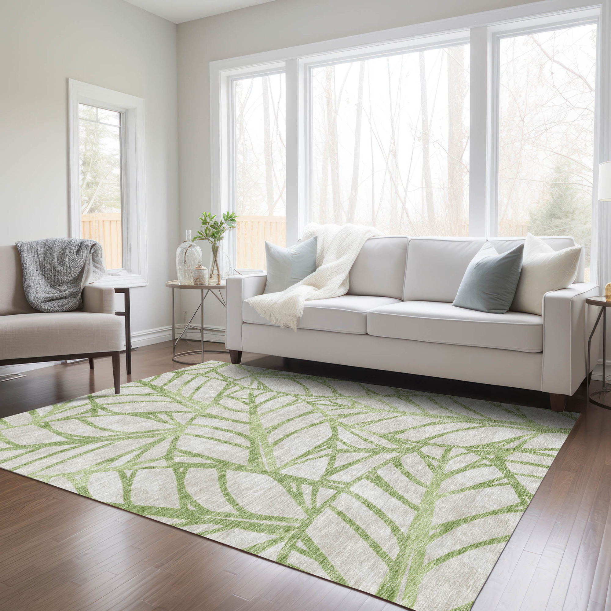 10' X 14' Artichoke Green And Beige Floral Washable Indoor Outdoor Area Rug - 1 - Sports & Outdoor