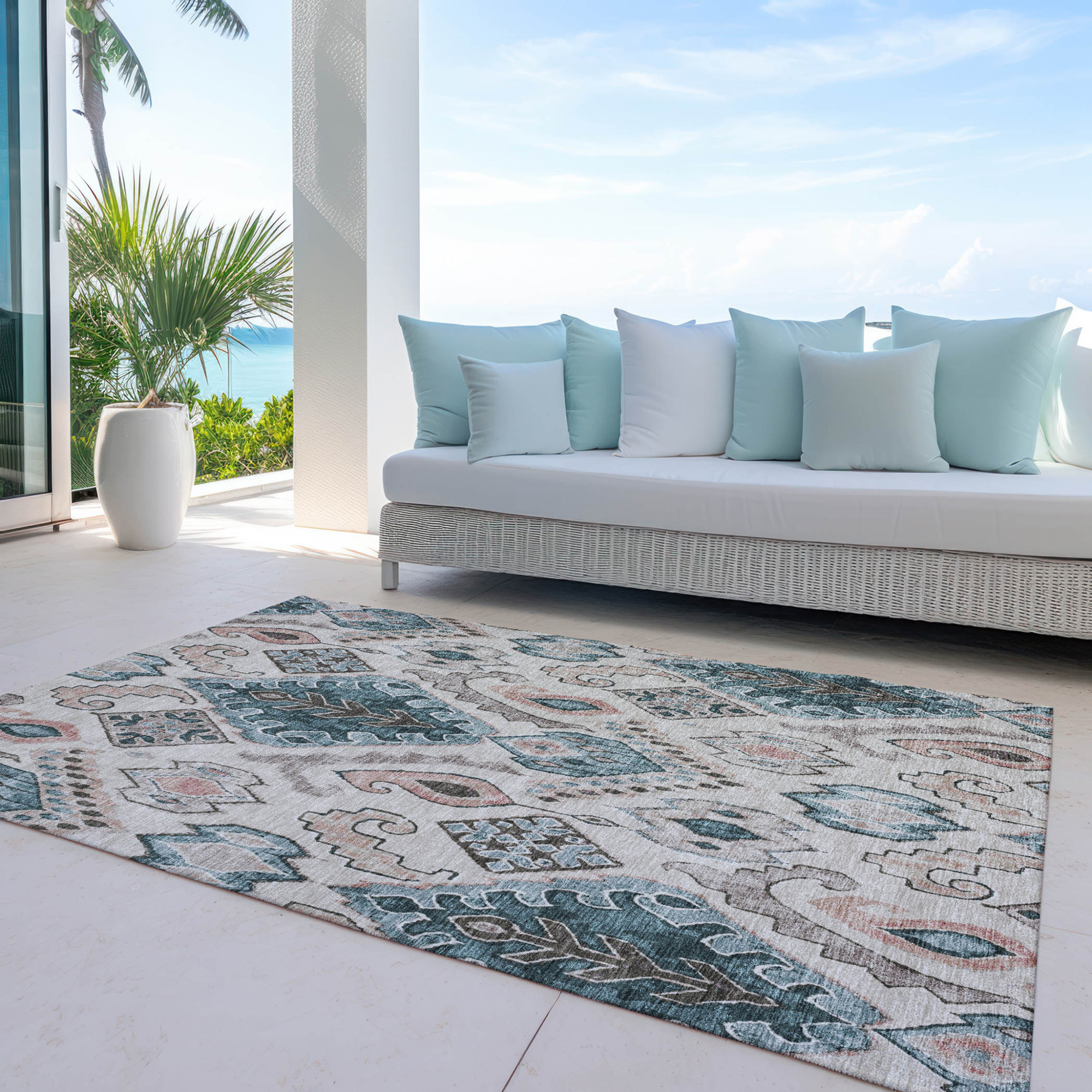 10' X 14' Beige Teal Blue And Copper Moroccan Washable Indoor Outdoor Area Rug - 1 - Sports & Outdoor