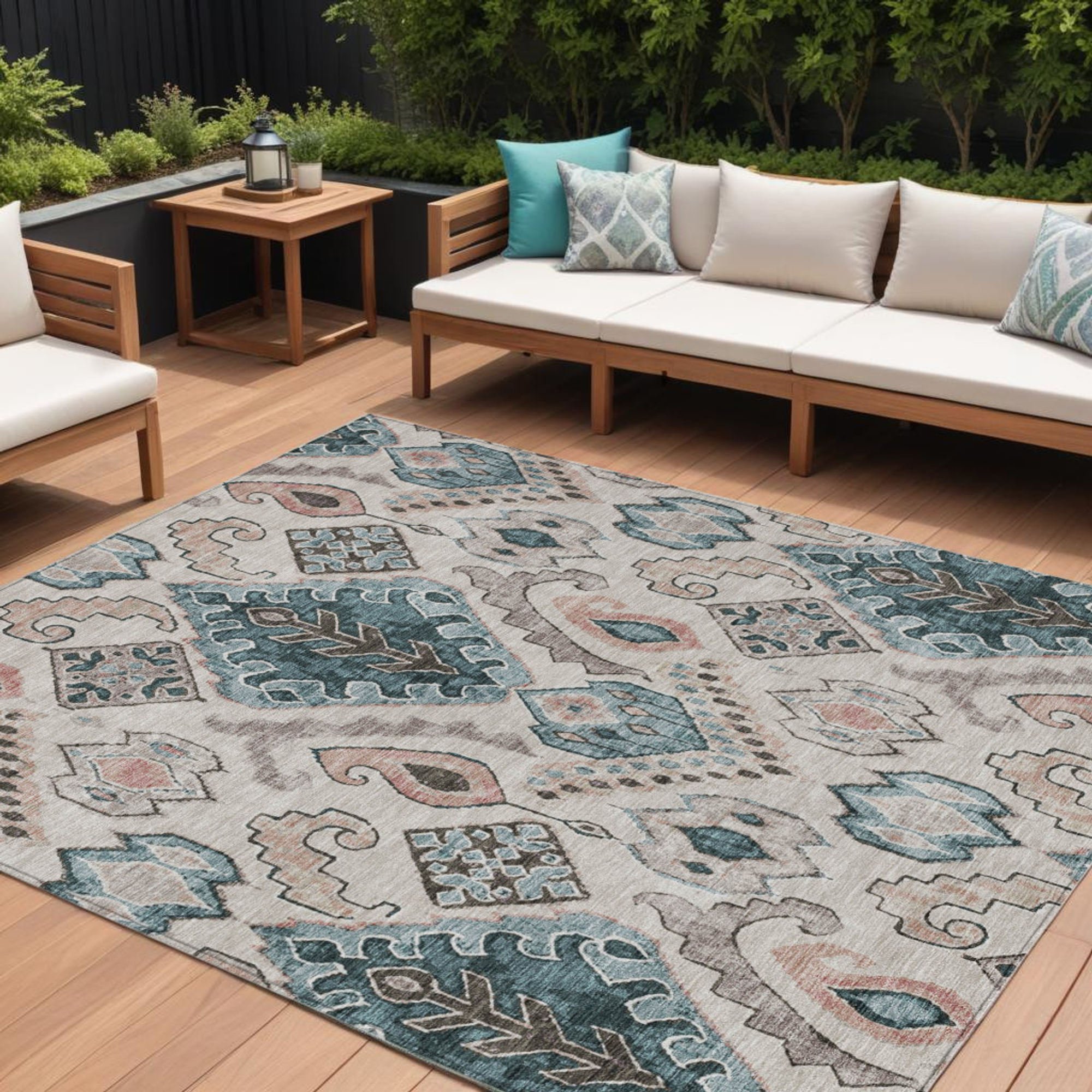 10' X 14' Beige Teal Blue And Copper Moroccan Washable Indoor Outdoor Area Rug - 1 - Sports & Outdoor