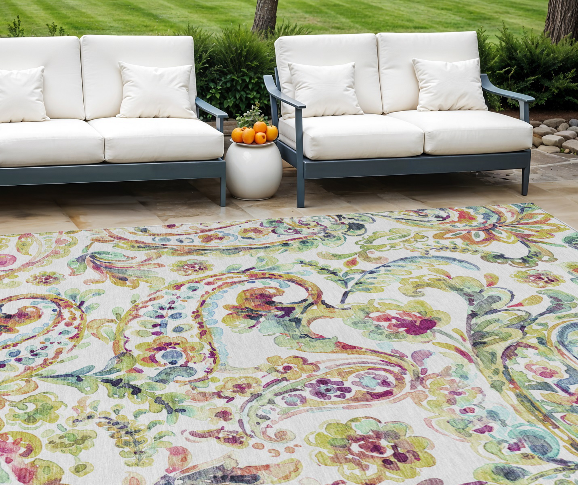 10' X 14' Ivory Fern Green And Artichoke Green Paisley Washable Indoor Outdoor Area Rug - 1 - Sports & Outdoor