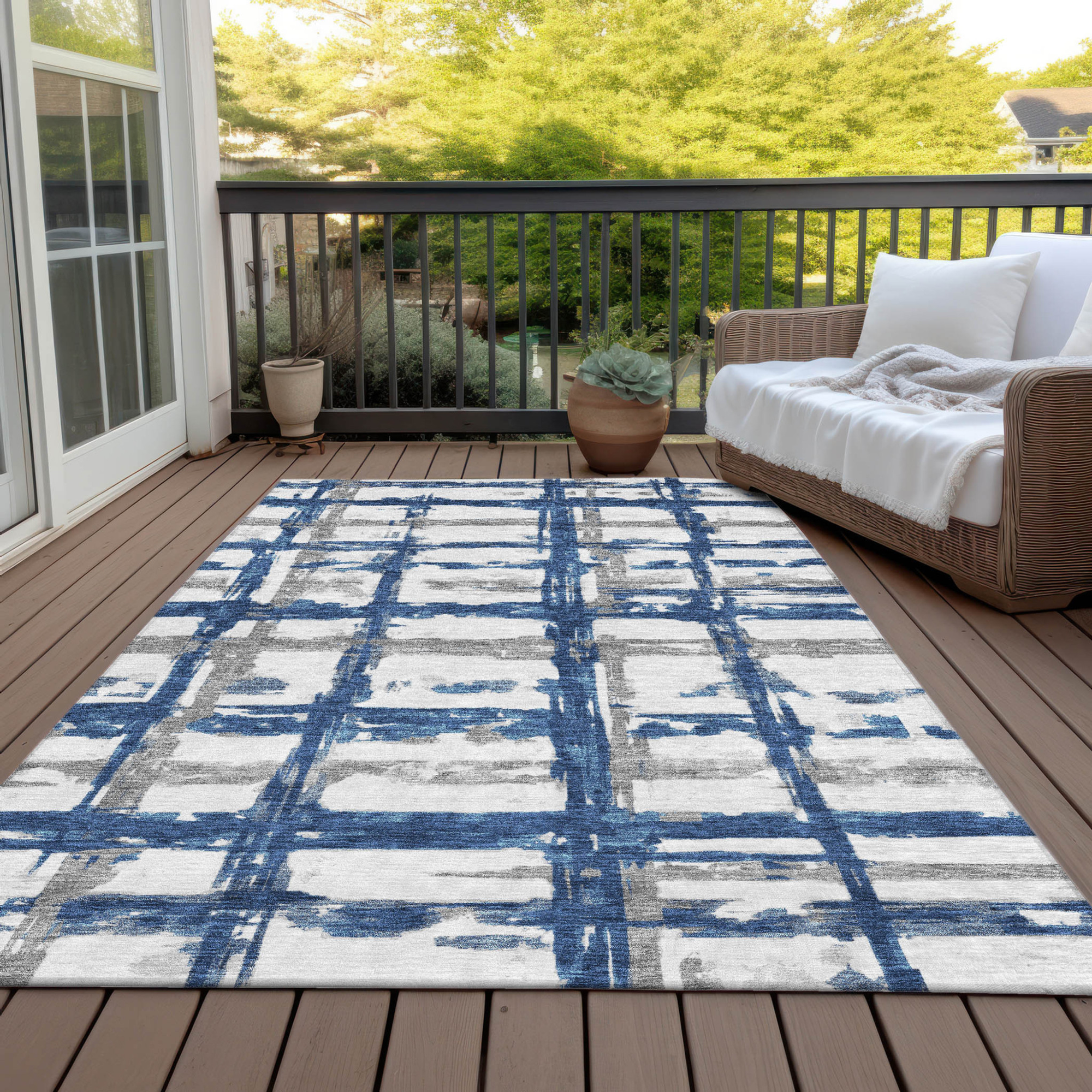 10' X 14' Navy Blue Gray And Silver Striped Washable Indoor Outdoor Area Rug - 1 - Sports & Outdoor