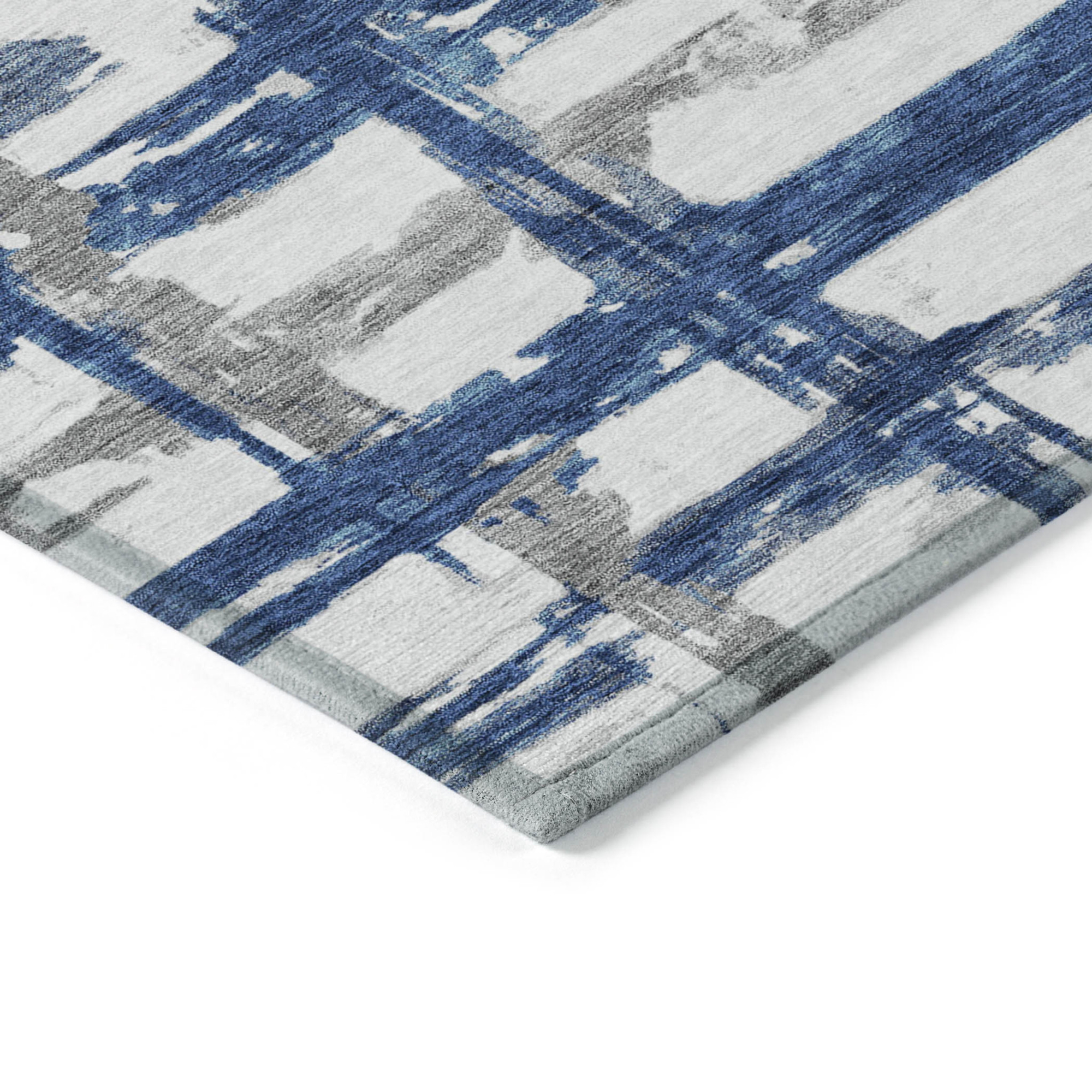 10' X 14' Navy Blue Gray And Silver Striped Washable Indoor Outdoor Area Rug - 1 - Sports & Outdoor