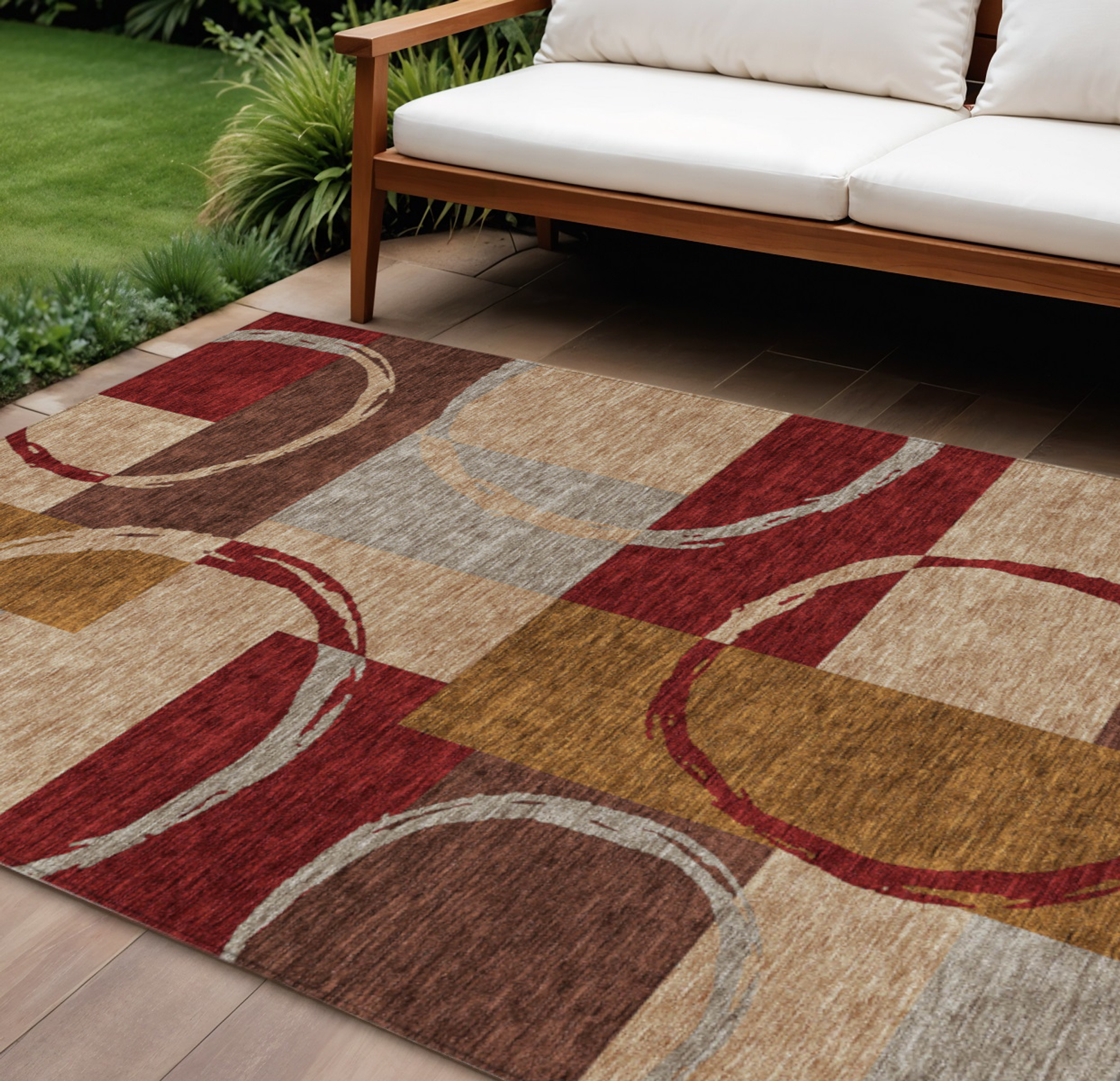 10' X 14' Wheat And Burgundy Geometric Washable Indoor Outdoor Area Rug - 1 - Sports & Outdoor