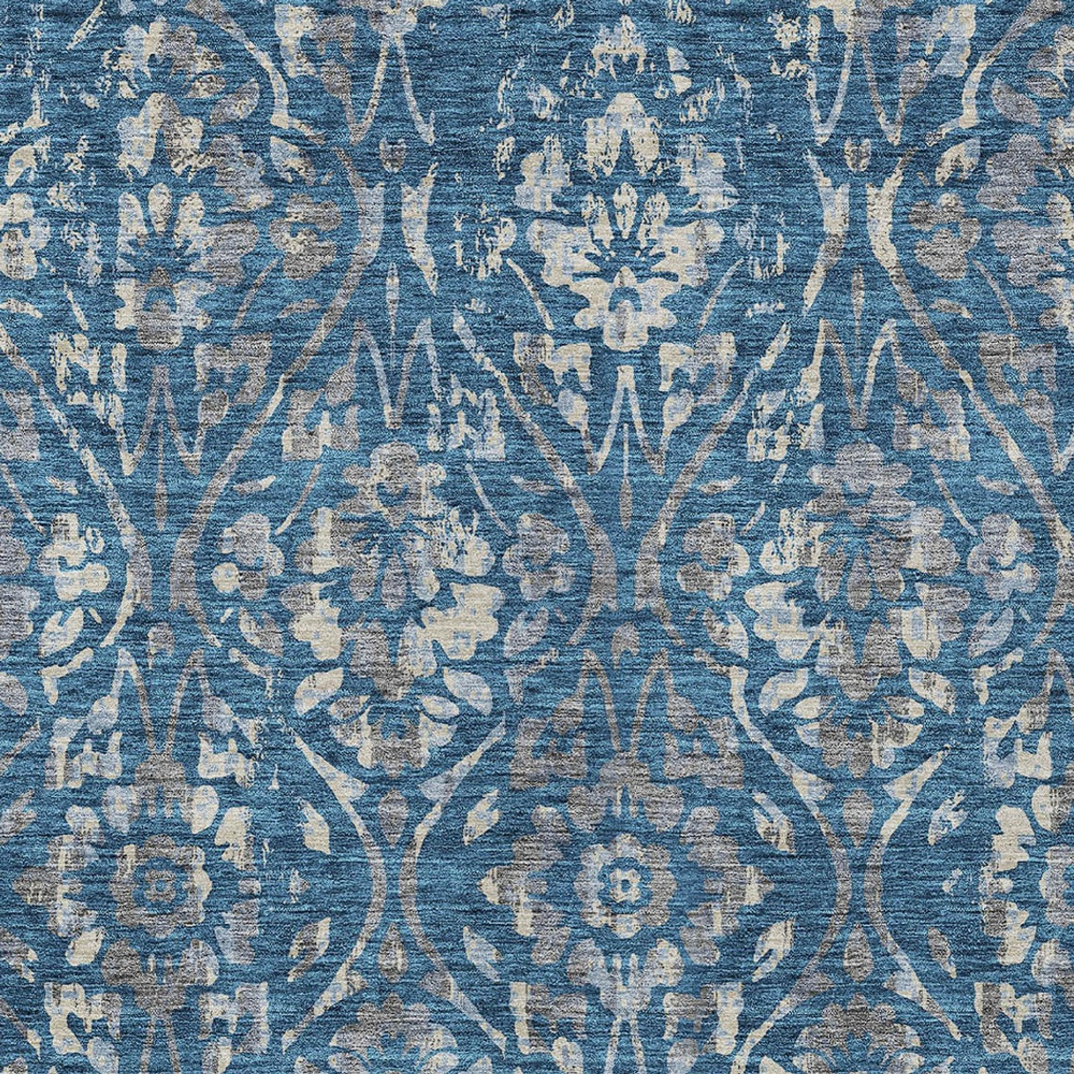 10' X 14' Blue And Ivory Floral Washable Indoor Outdoor Area Rug - 1 - Sports & Outdoor