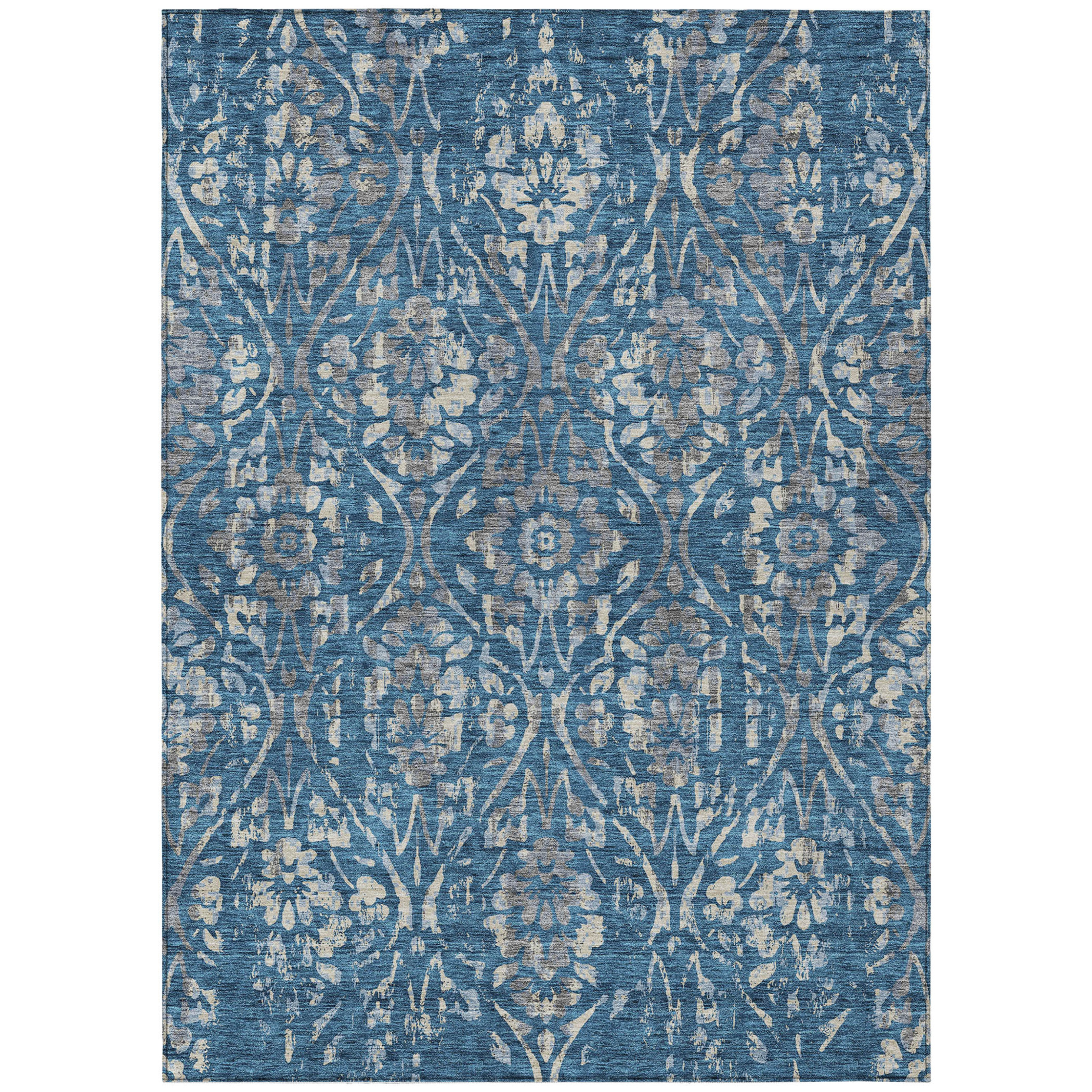 10' X 14' Blue And Ivory Floral Washable Indoor Outdoor Area Rug - 1 - Sports & Outdoor