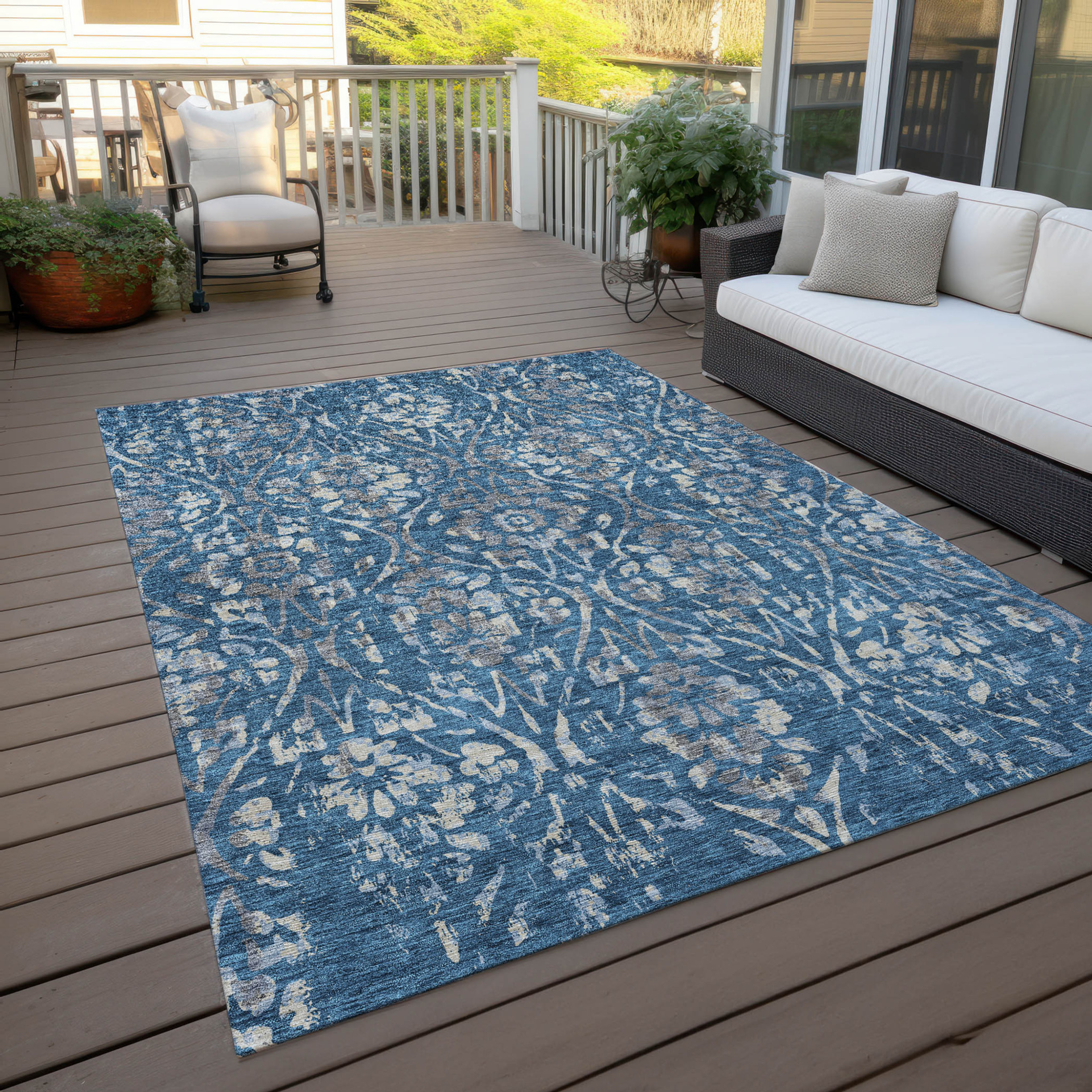 10' X 14' Blue And Ivory Floral Washable Indoor Outdoor Area Rug - 1 - Sports & Outdoor