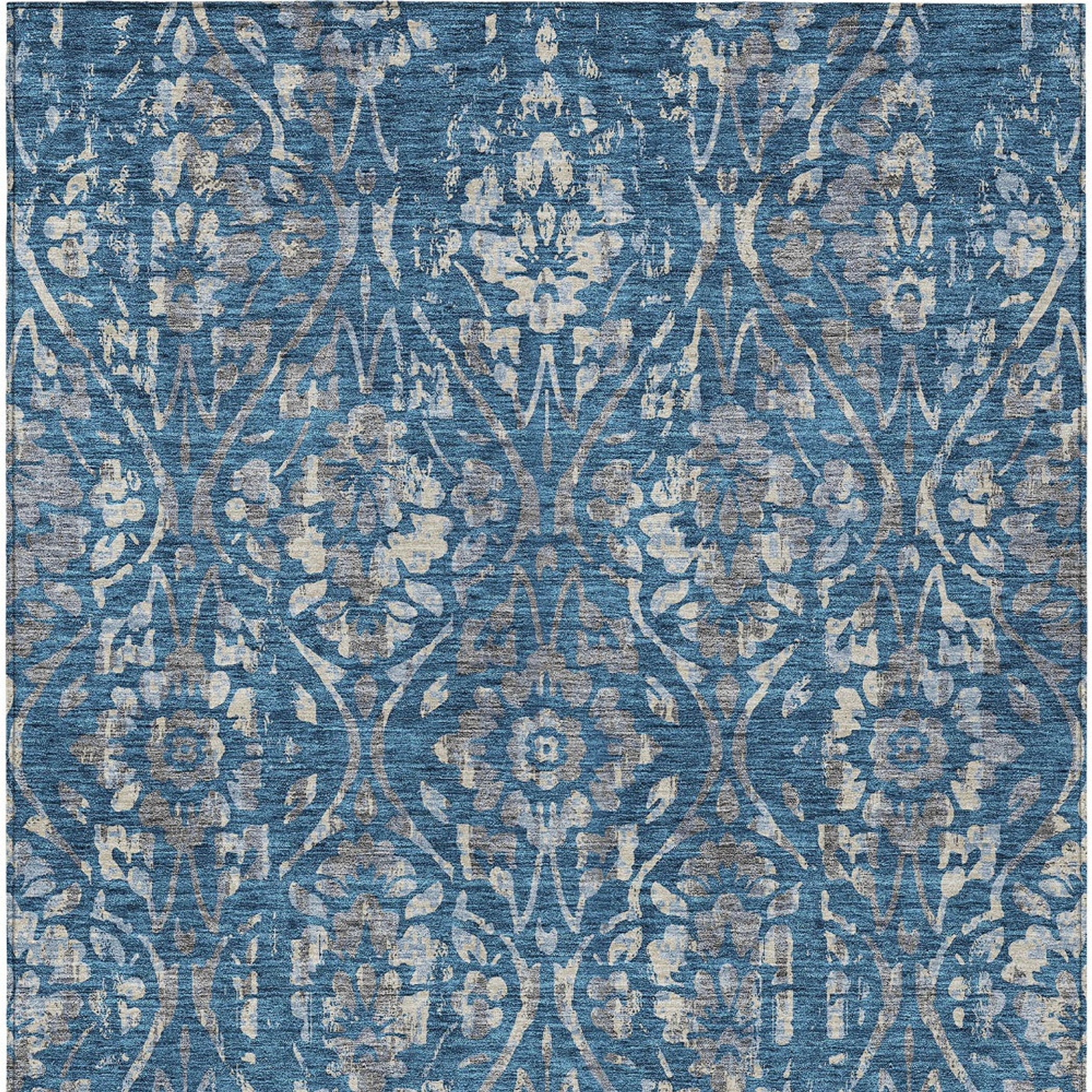 10' X 14' Blue And Ivory Floral Washable Indoor Outdoor Area Rug - 1 - Sports & Outdoor