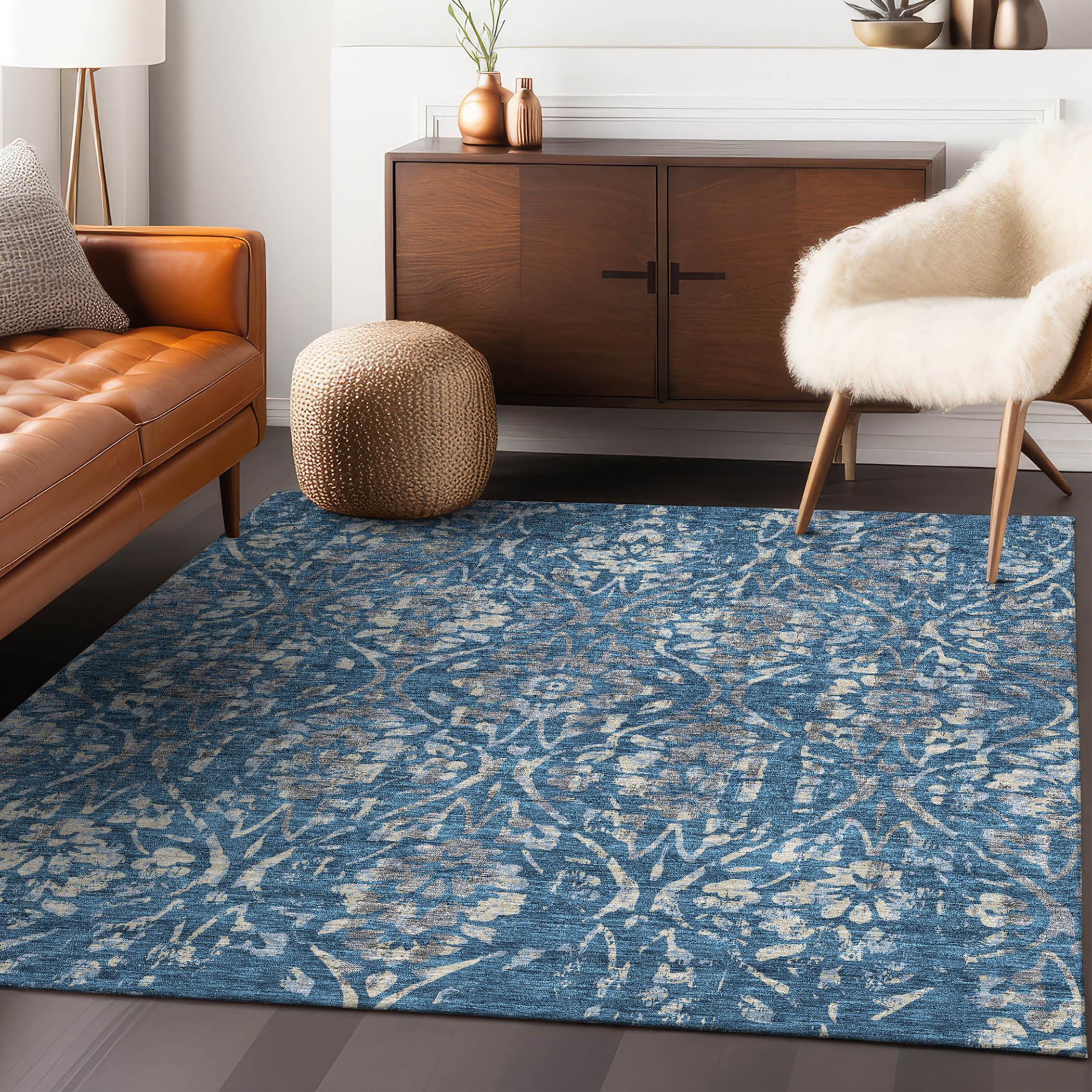 10' X 14' Blue And Ivory Floral Washable Indoor Outdoor Area Rug - 1 - Sports & Outdoor