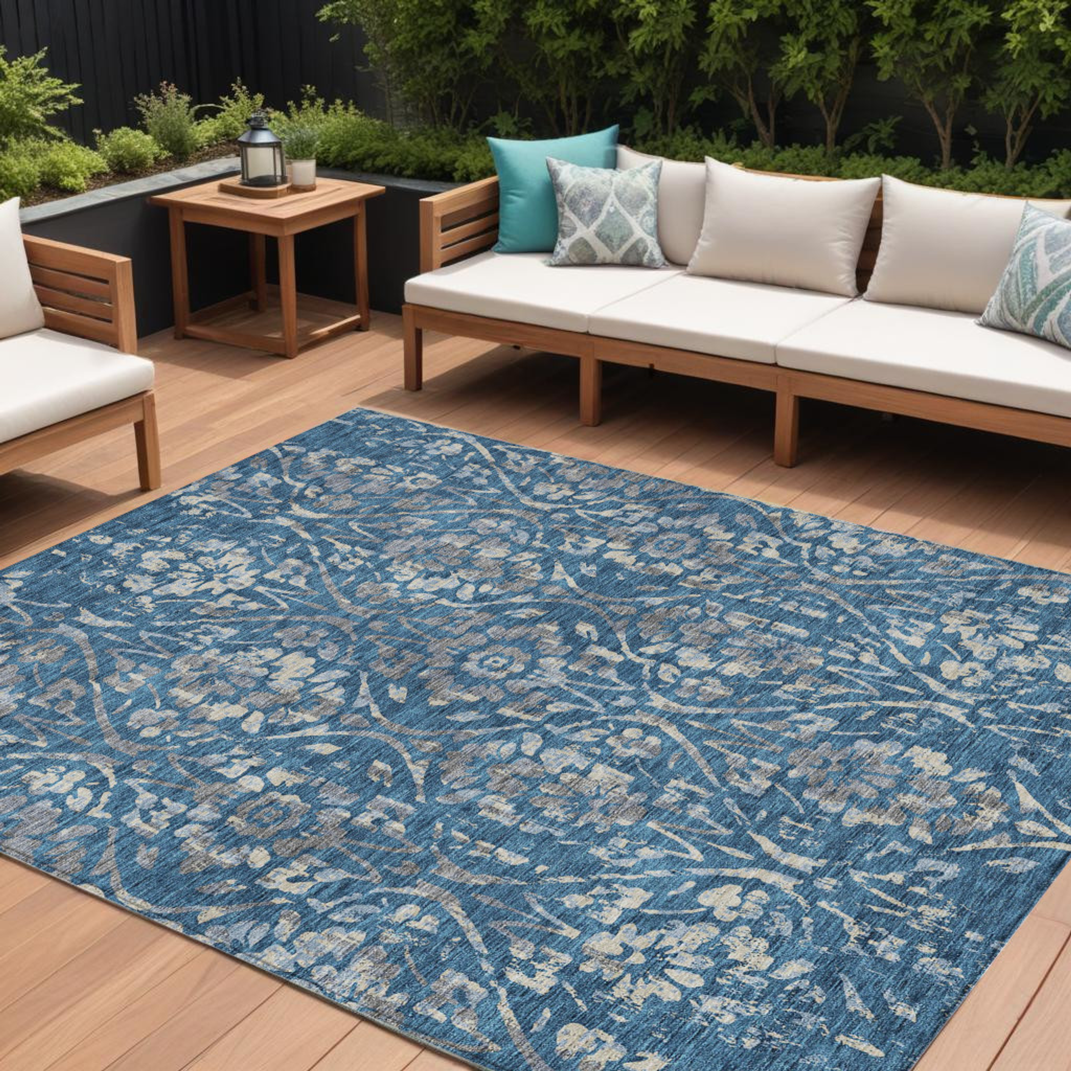 10' X 14' Blue And Ivory Floral Washable Indoor Outdoor Area Rug - 1 - Sports & Outdoor